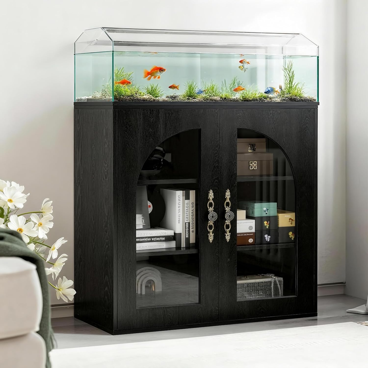 20-29 Gallon Fish Tank Stand with Adjustable Shelves, Glass Door Aquarium Stand with Storage Cabinet, 31x15 Reptile Terrarium Stand with Bronzed Metal Handles, Level Footings, 350 Lbs