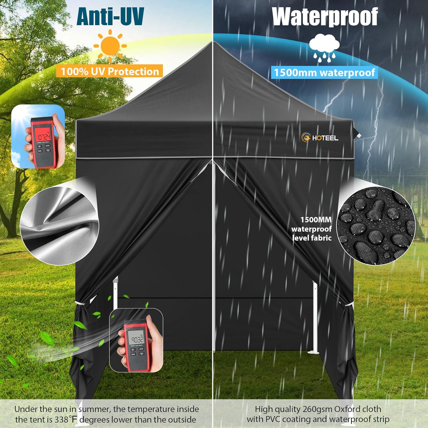 Hoteel 6.6 x 6.6 Pop up Canopy,Easy Up Heavy Duty Canopy with 4 Sidewalls,Upgrade Hexagonal Tube UPF50+ 1500mm Waterproof,Outdoor Canopy Tent with Carry Bag for Commercial Events,Beach,Camping,Black