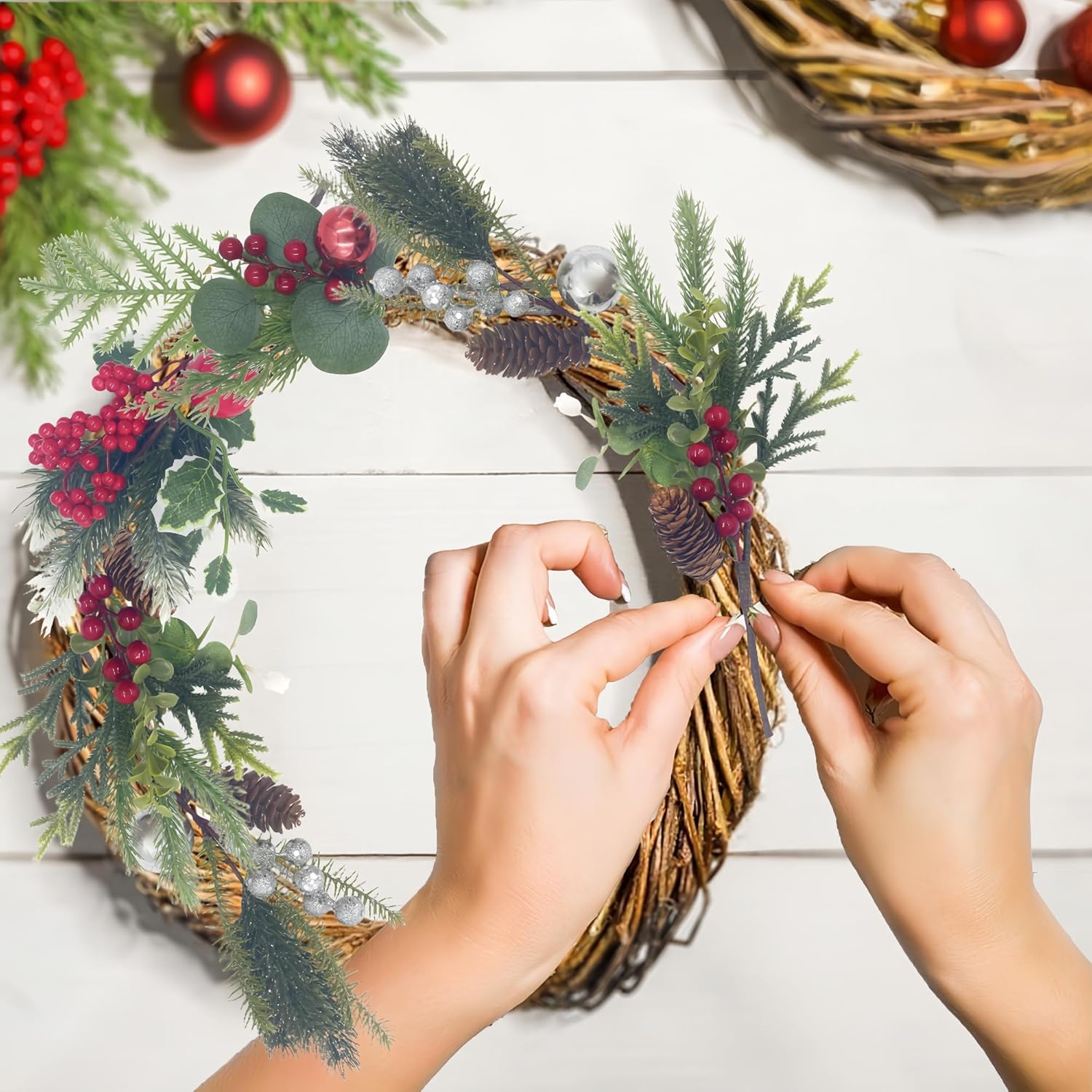 12 Pack Christmas Pine Picks with Red Berry Stems, Holly Eucalyptus Branches with Pinecone Sliver Ornament for Vase Filler Floral Arrangements DIY