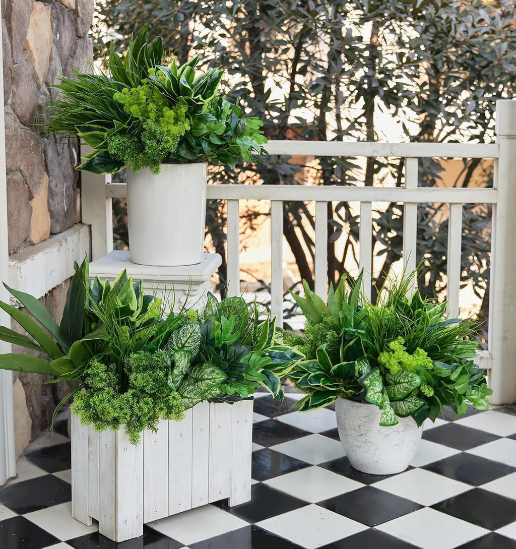 8 Bundles Artificial Plants Outdoor, Faux Bushes Plastic Fake Greenery Stems Shrubs UV Resistant for,Suitable for Porch Planting, Home Decoration, Windows, patios, Gardens, All Seasons.