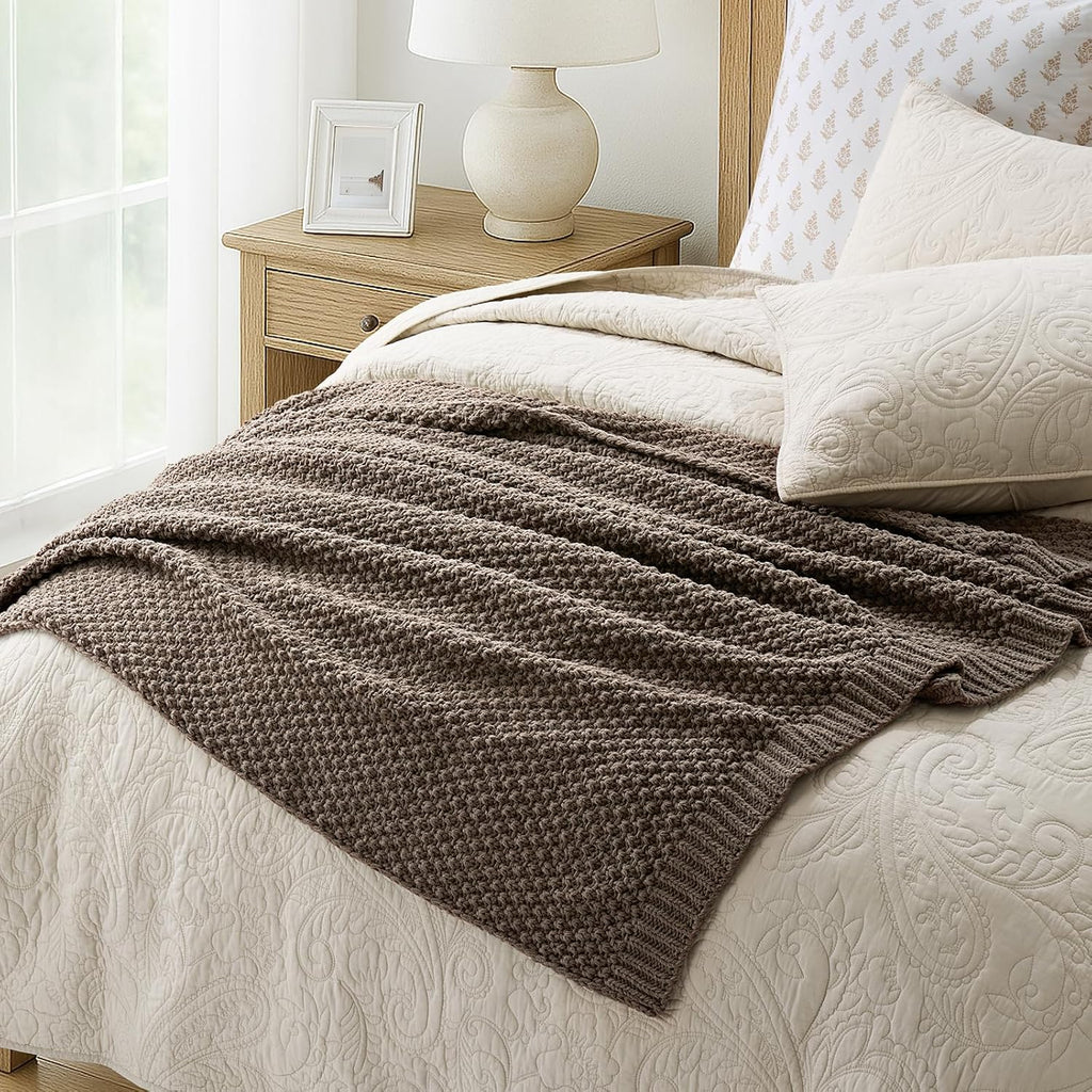 EVERGRACEHOME Chunky Chenille Knit Throw Blanket for Couch, Soft Luxurious Moss Stitch Blankets for Bed, Cozy Decorative Farmhouse Knitted Throws for Sofa, Mocha Brown, 60" x 80"