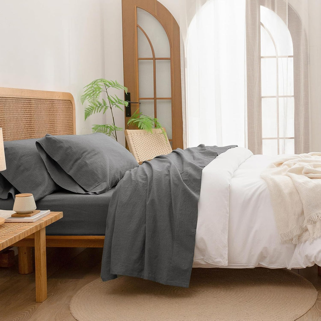 BESTOUCH Sheet Set 100% Washed Cotton Linen Feel Super Soft Comfortable Chic Lightweight 4 Pcs Home Bedding Set Solid Dark Grey Full