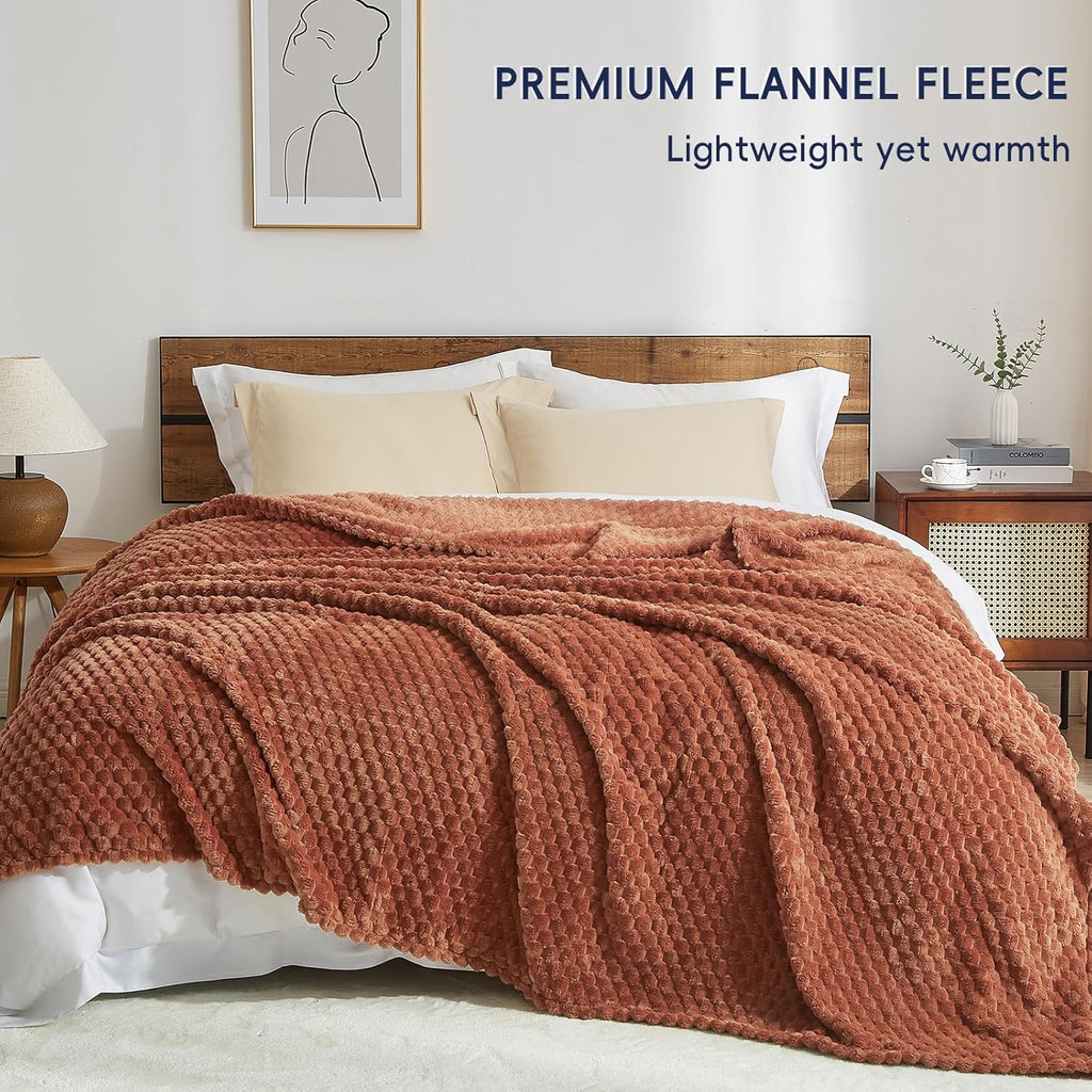 PHF Ultra Soft Flannel Fleece Blanket Queen Size, Lightweight 3D Jacquard Fleece Blanket, No Shedding, No Pilling, Luxury 340GSM Aesthetic Fluffy Cozy for Bed Room Decor, 90"x90", Burnt Umber