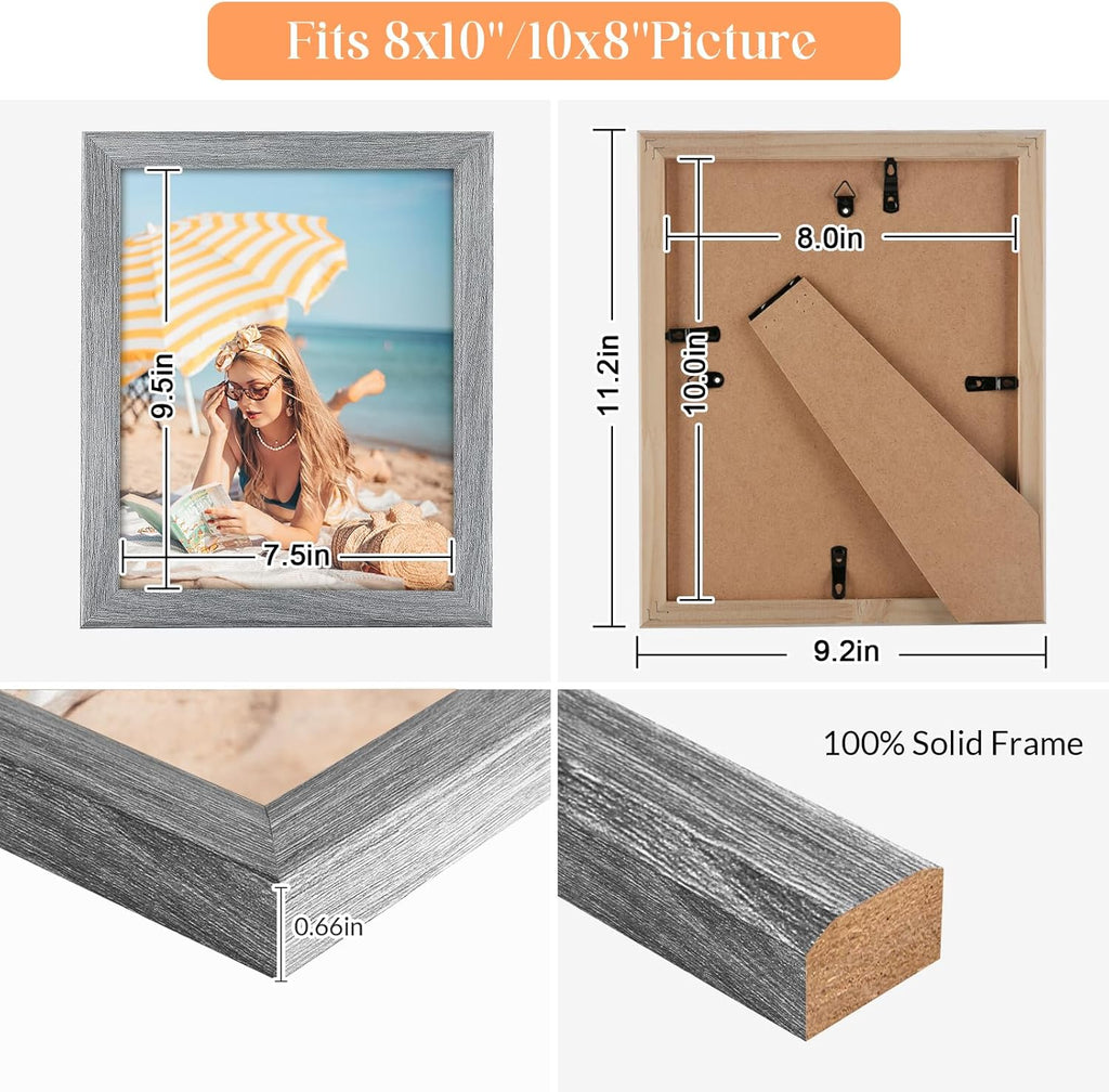 8x10 Wood Frame Grey, Rustic Natural 10x8in Gray Woodgrain Picture Photo Frame, Wooden 8 x 10inch Gallery Pic Frame with HD Plexiglass, Horizontal Vertical Wall Mounting Tabletop Display 1Pcs