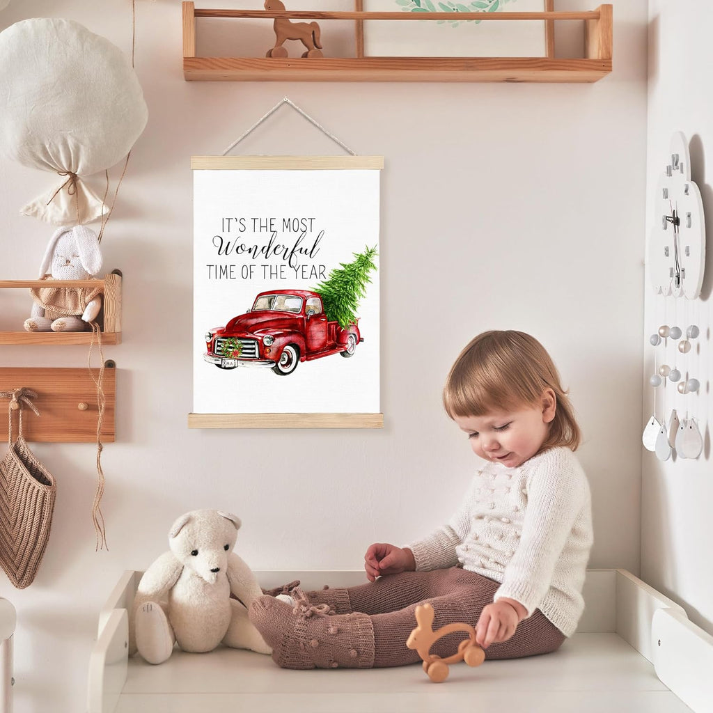 FDHSPAAM Red Truck Christmas Wall Art Decor, Retro Christmas Decor, Holiday Old Truck Xmas Tree Wreath Wall Art Posters for Home Bedroom Living Room, 12x16 Inch