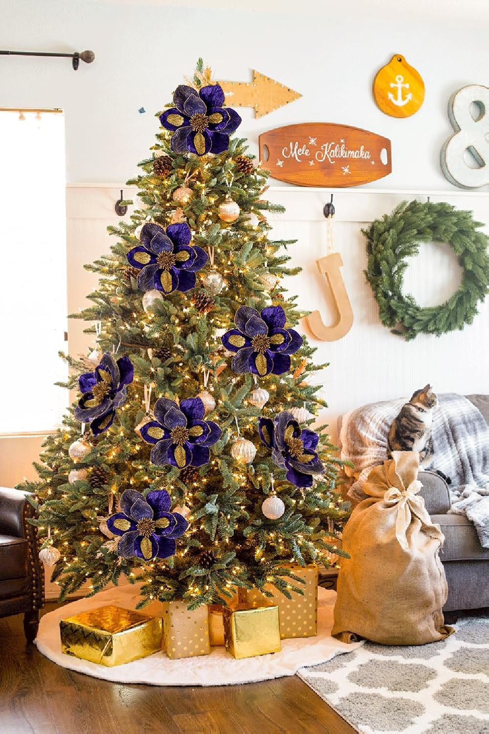Briful 10’’ Large Heads Christmas Glitter Magnolia Flowers Christmas Tree Ornaments Set of 3 Artificial Flowers with Picks Stems for Xmas Tree Holiday Decorations, Purple and Gold