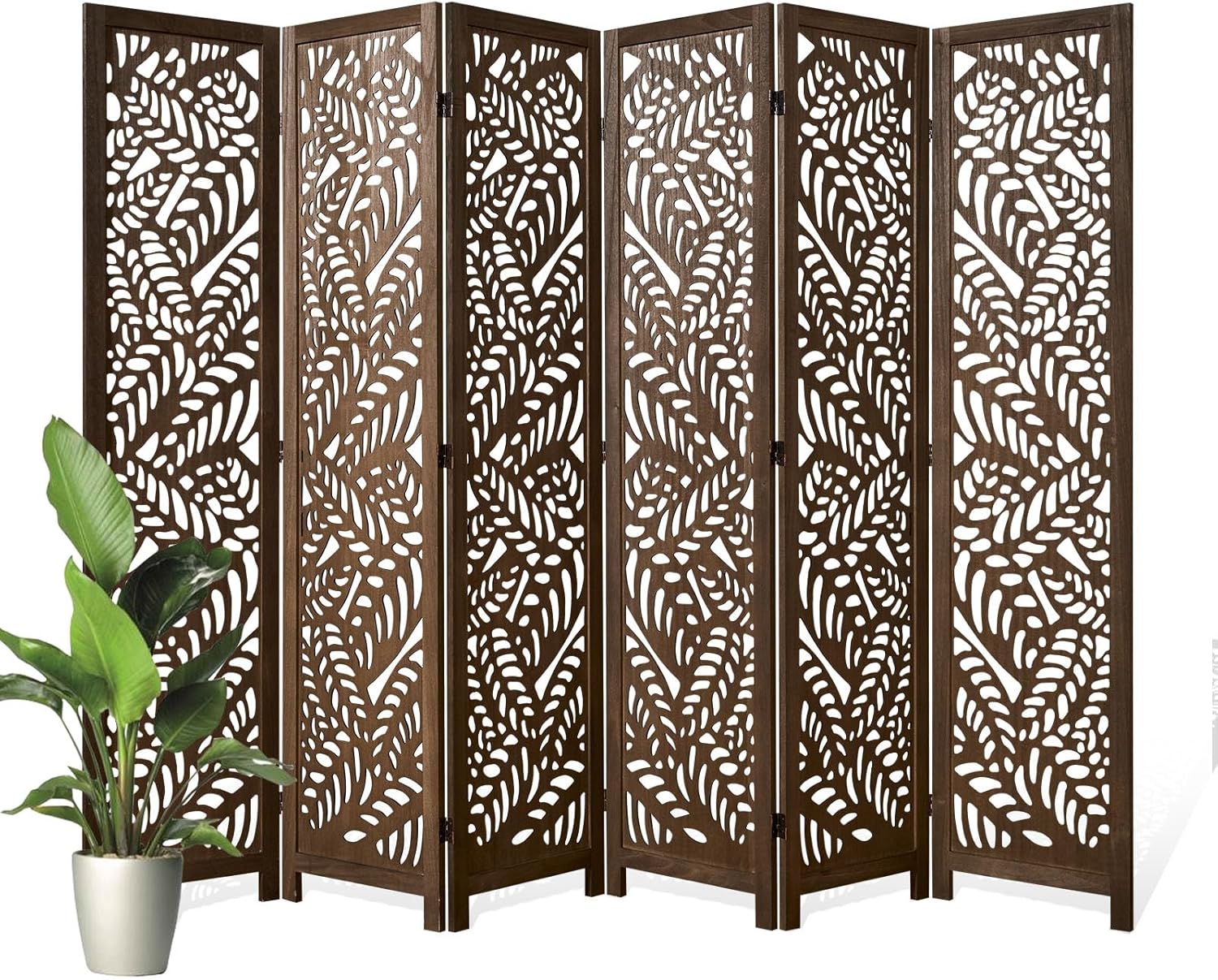 Leaf-Carved Room Divider Privacy Screen - 67 Inch Tall Foading Decorative Wood Screen Dividers Panel for Home - Natural Wood Room Partitions for Enhanced Privacy and Style Brown 6 Panel