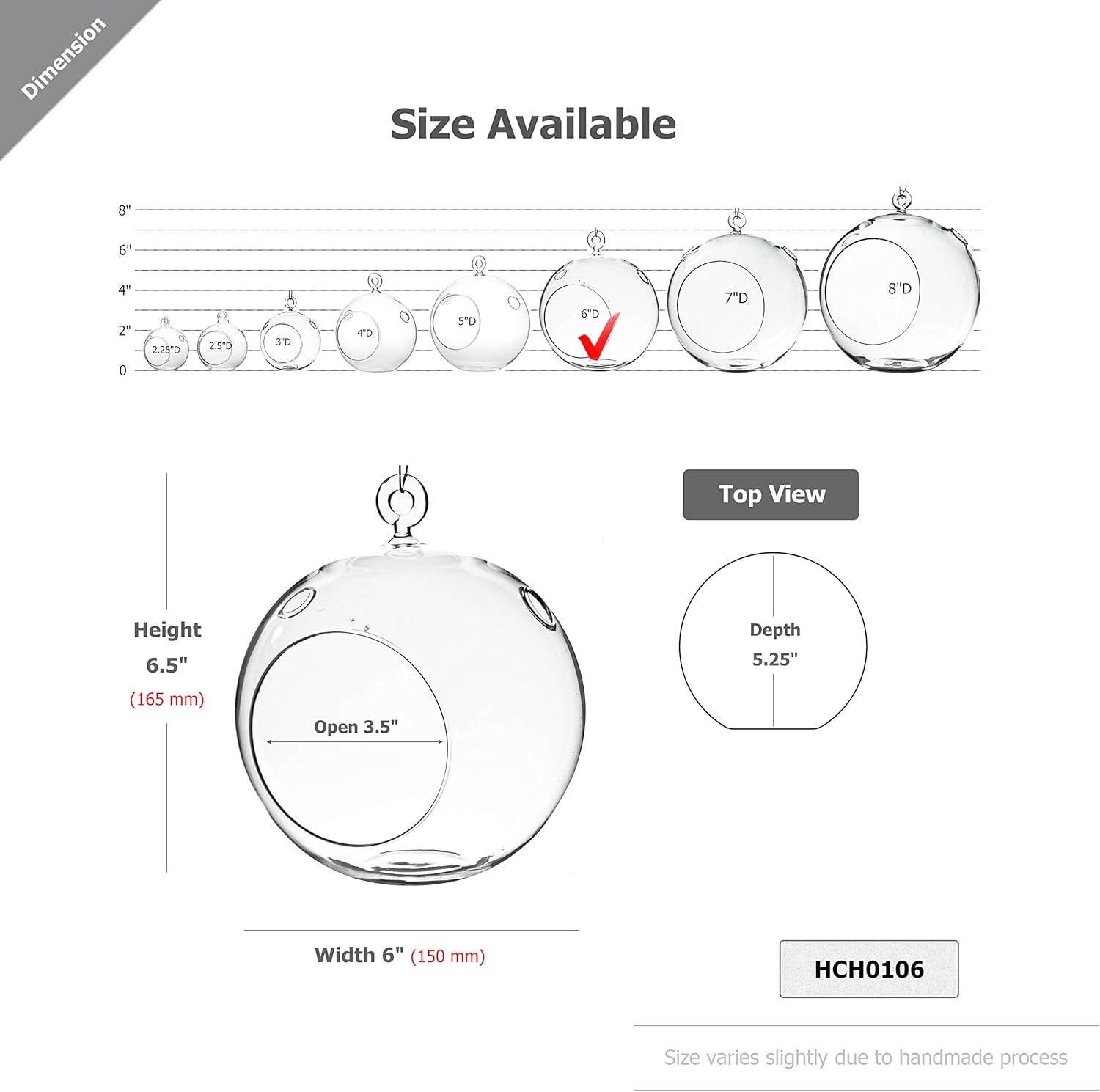 WGV Hanging Terrarium Globe, Width 6", Height 6.5", DIY Air Succulent Planter, Clear Glass Vase Orb with Flat Bottom, Candle Holder for Windowsill Outdoor Garden Decor, 1 Piece