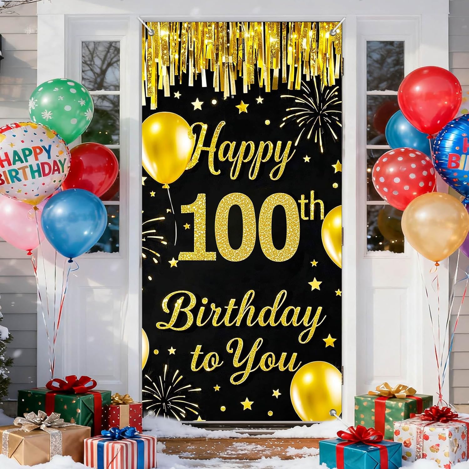 IVN 100th Birthday Door Cover 71x35 Inch Black Gold Birthday Banner for Party Decorations Balloons Stars Fireworks Backdrop Sign for Men Women Photo Booth Prop Wall Decor