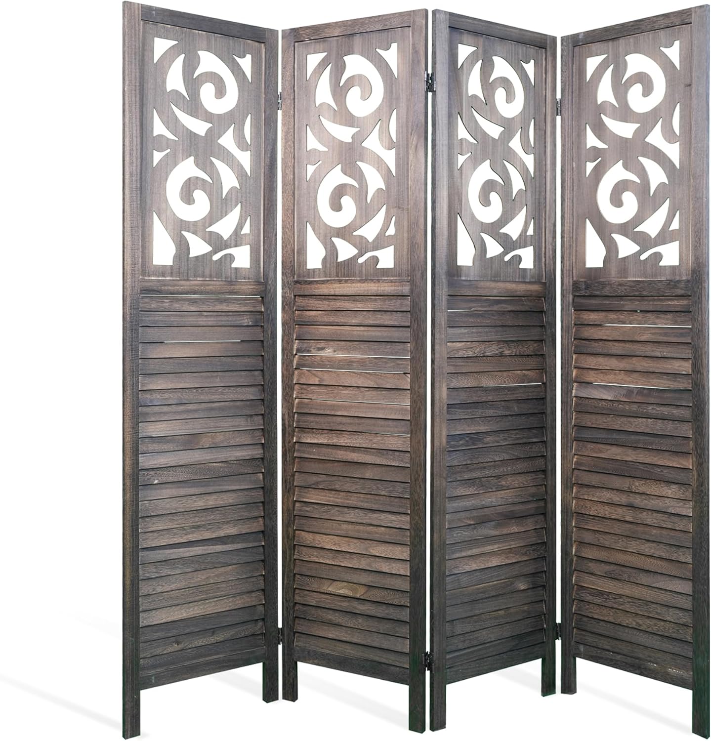 4 Panel Room Dividers 6FT Wall Divider Carved Wood Room Separator Folding Privacy Screens Cutout Design Foldable Partition Wall for Office Restaurant, Studio Apartment, Rustic Brown
