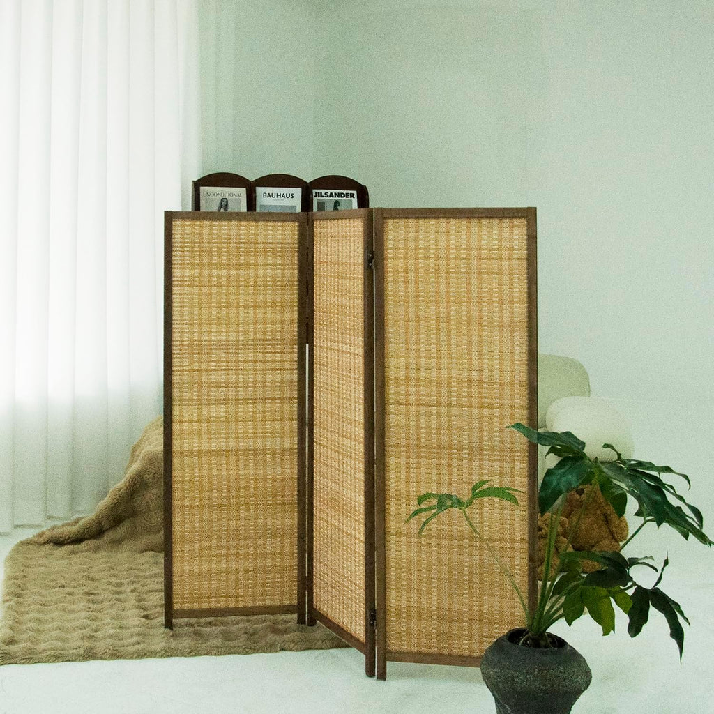 3 Panel Short Room Divider Folding Screen,47 inch Bamboo Panel Divider for Home Partition,Brown