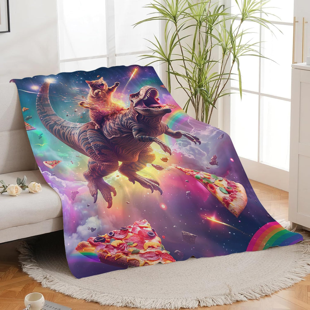 Funny Dinosaur and Cat Blanket Universe Rainbow Pizza Dino Cat Throw Blanket Gifts for Girls Women Kids Adults Super Soft Cozy Plush Fluffy Fuzzy Fleece Blanket Home Decor 60''X80''