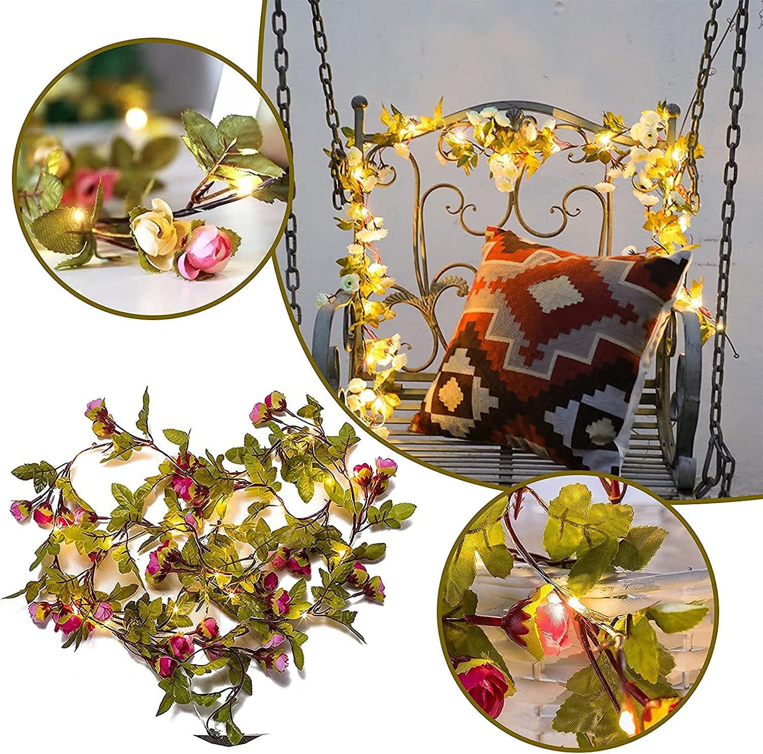 Artificial Rose Flower Vine String Lights,20 LED 2 Meter 6 ft Battery Operated Rose Flowers Ivy Garland Fairy Lights for Wedding Birthday Garden Party Gifts Decorations
