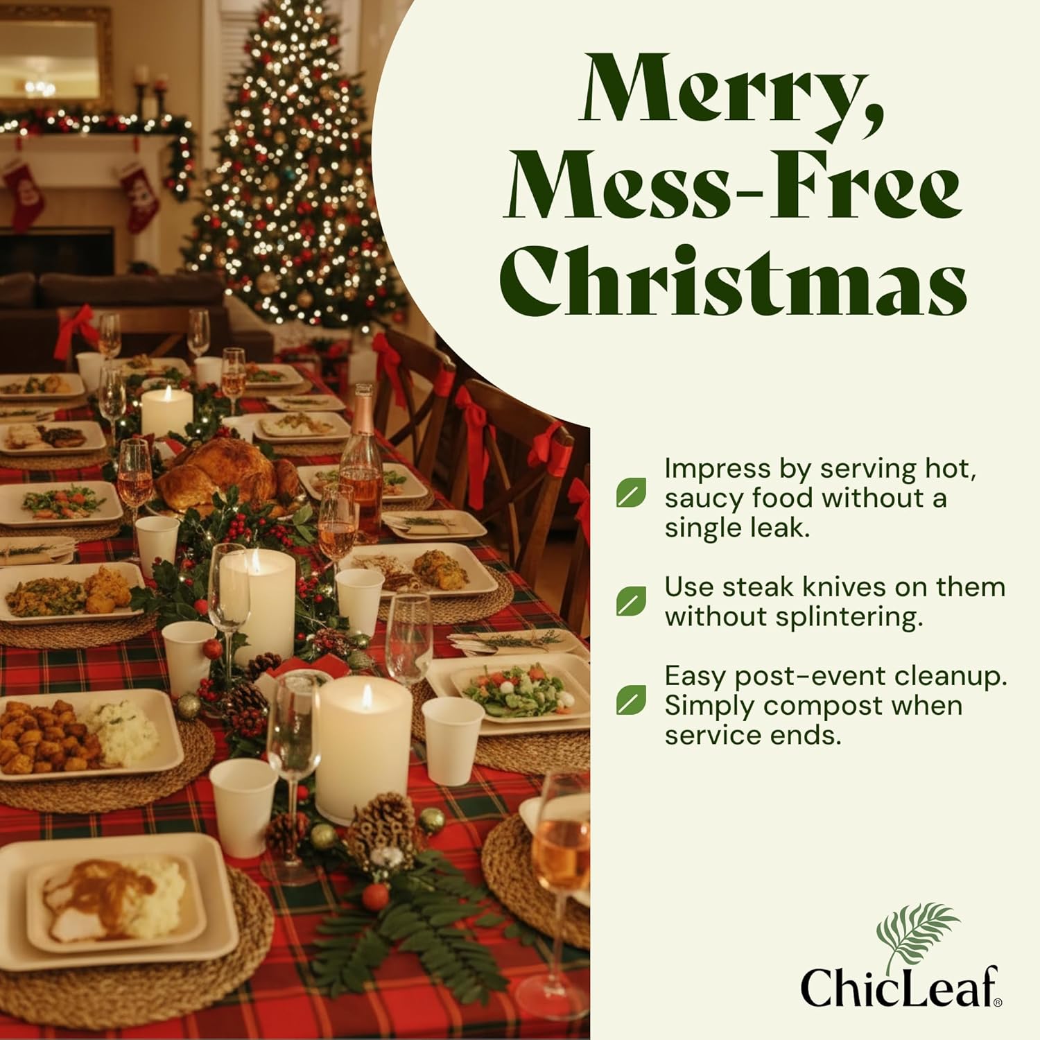 Chic Leaf Palm Leaf Bamboo Plates - 9-Inch Square, Pack of 50 - Eco-Friendly Compostable Platters - Microwave-Safe Disposable Plates - Durable Party Dishware for Christmas Dinner & Holiday Meals