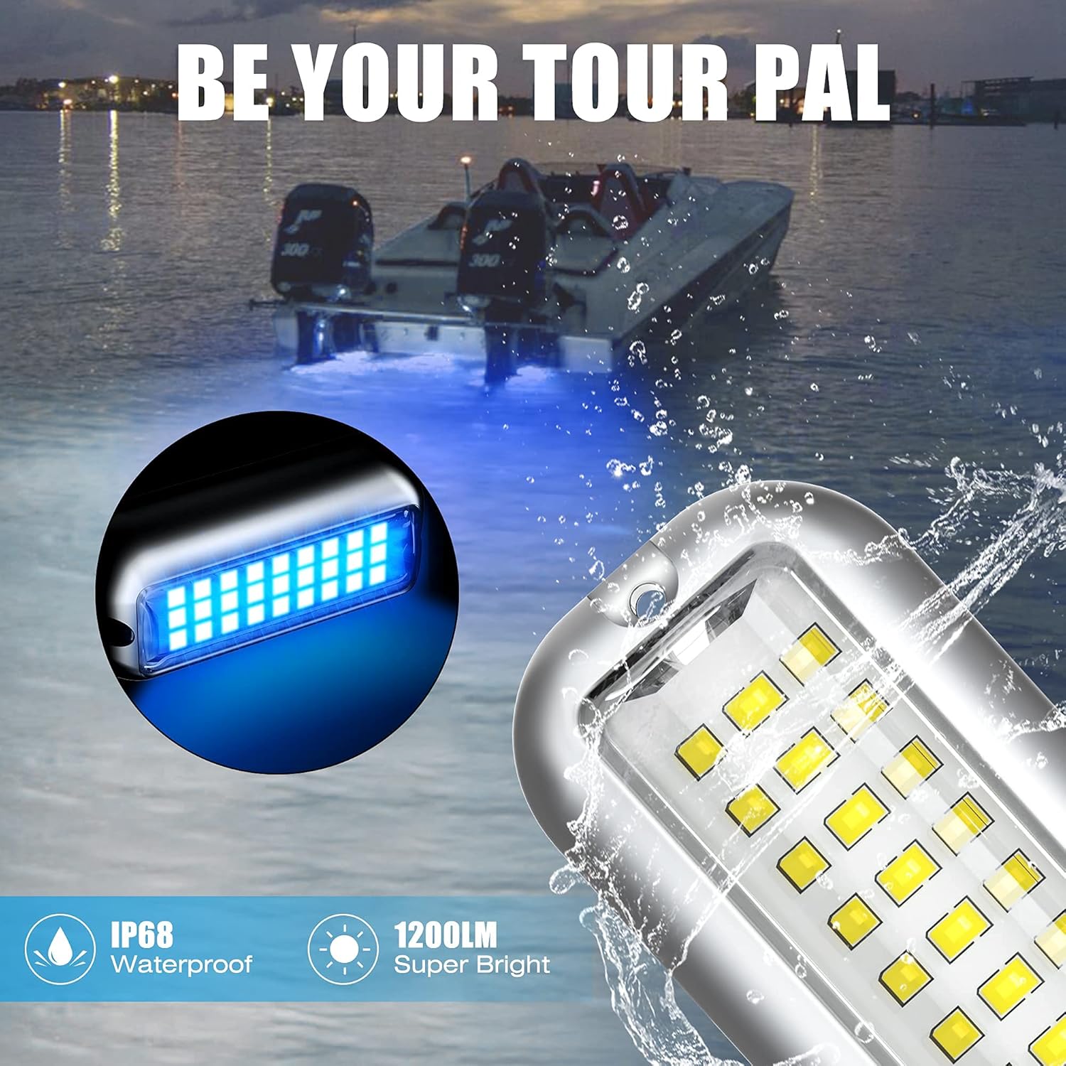 BASIKER BS1 Marine LED Boat Light (2x1200LM 27LED), 10-36V, 316 Stainless Steel, IP68, Air or Underwater, Surface Mount Designed for Cruise Ships, Yachts, Boats, Sailboat, Pontoon, Transom (Blue)