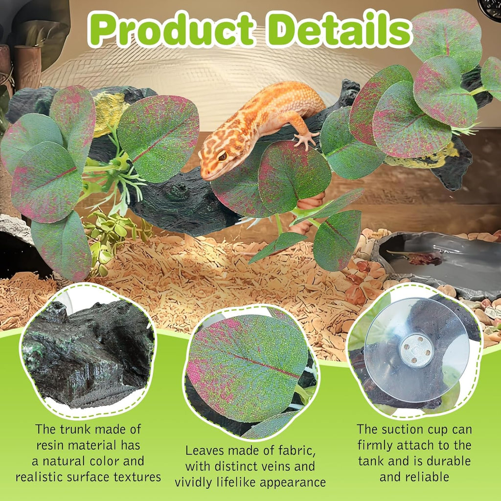 kathson 2 PCS Reptile Corner Branch Resin Snake Climbing Accessories with Leaves Terrarium Plant Decoration with Suction Cup for Lizard Frog Bearded Dragon Gecko Spider Climbing 7.8 x 3.1 x 1.4 inches