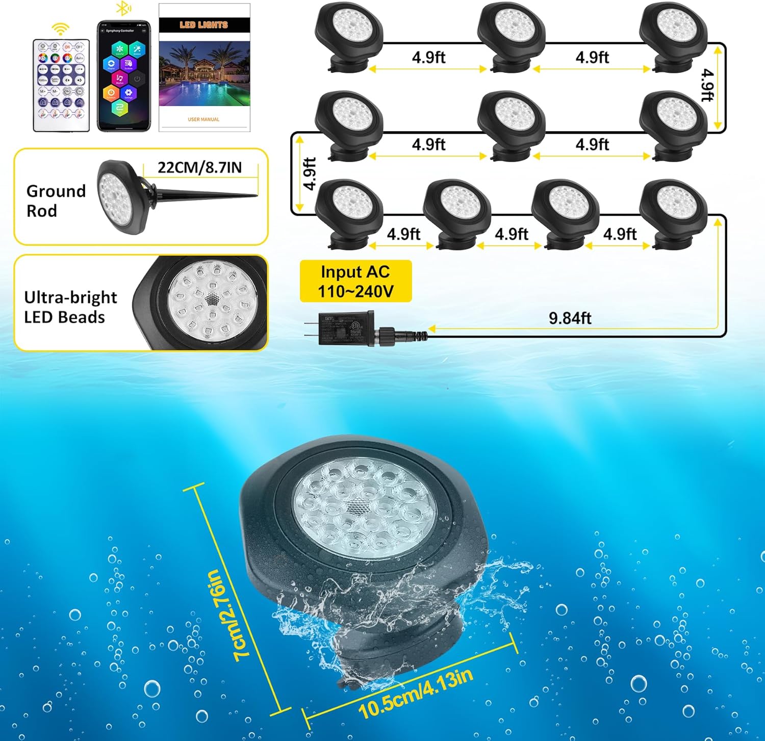 T-SUN Submersible RGB LED Pond Lights – IP68 Waterproof Fountain Lights with Bluetooth App & Remote, 16 Million Colors Underwater Lighting for Koi Ponds/Garden Water Features Aquarium (10-Pack)