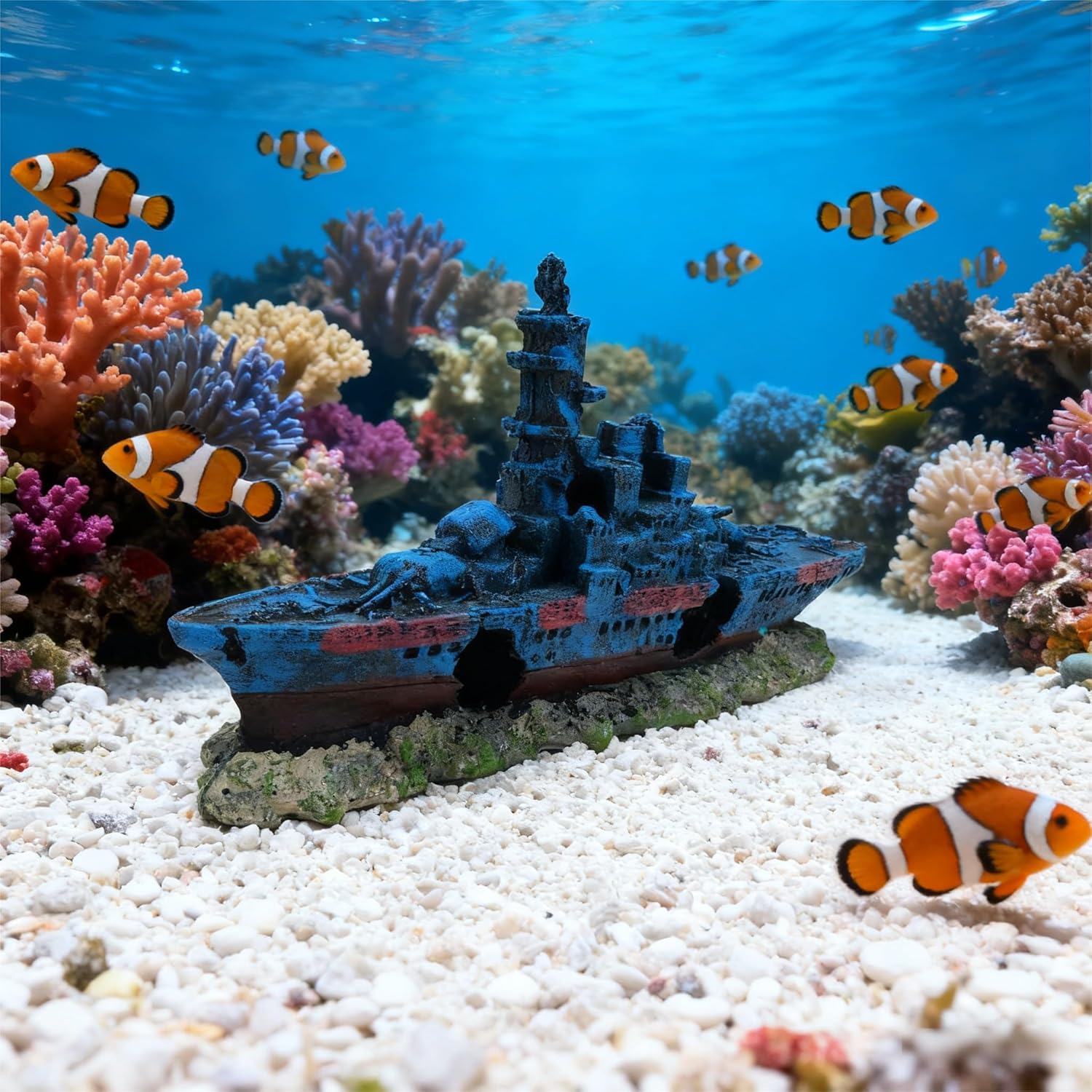 Shipwreck Aquarium Decor, Resin Fish Tank Ornament, Realistic Sunken Ship for Fish Hideout & Underwater Landscaping (Blue)