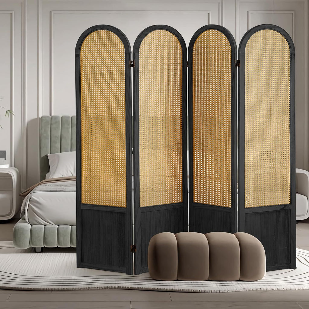 4 Panel Room Dividers and Folding Privacy Screens, Hand-Made Rattan Room Divider with Bi-Directional Hinge, Pre-Assembled Wood Room Divider Wall for Home Office Bedroom, Black