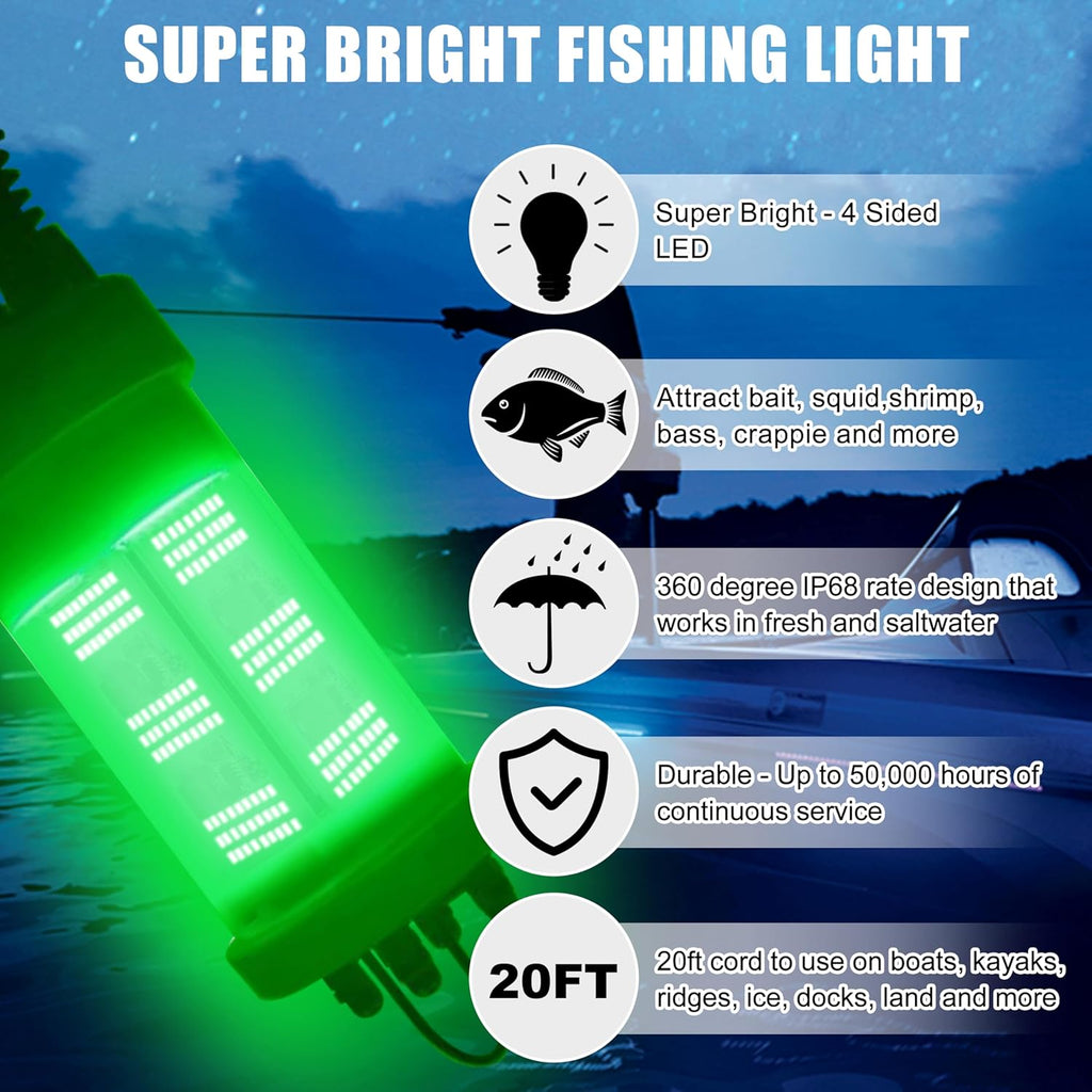 Underwater Fishing Light Super Bright 80000 Lumens 160W Green LED Submersible Fish Bait 110V & 12/24V with Transformer 20FT Wire Night Green Fishing Light for Boats Docks Kayaks