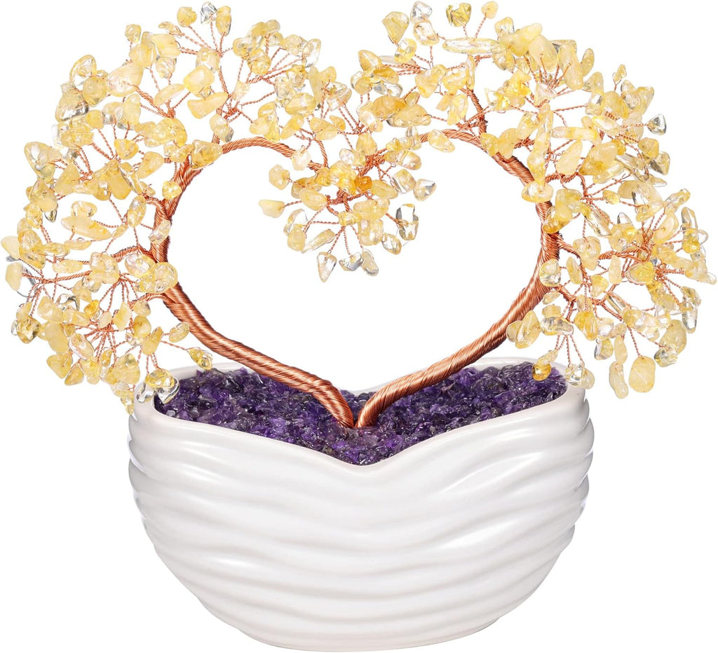 GEHECRST Citrine Crystal Heart Tree Handmade Healing Crystal Gemstone Money Trees Stone Bonsai Tree Energy Feng Shui Ornament for Home Office Desk Decor Crystals Gift for Mom Mothers Day Women