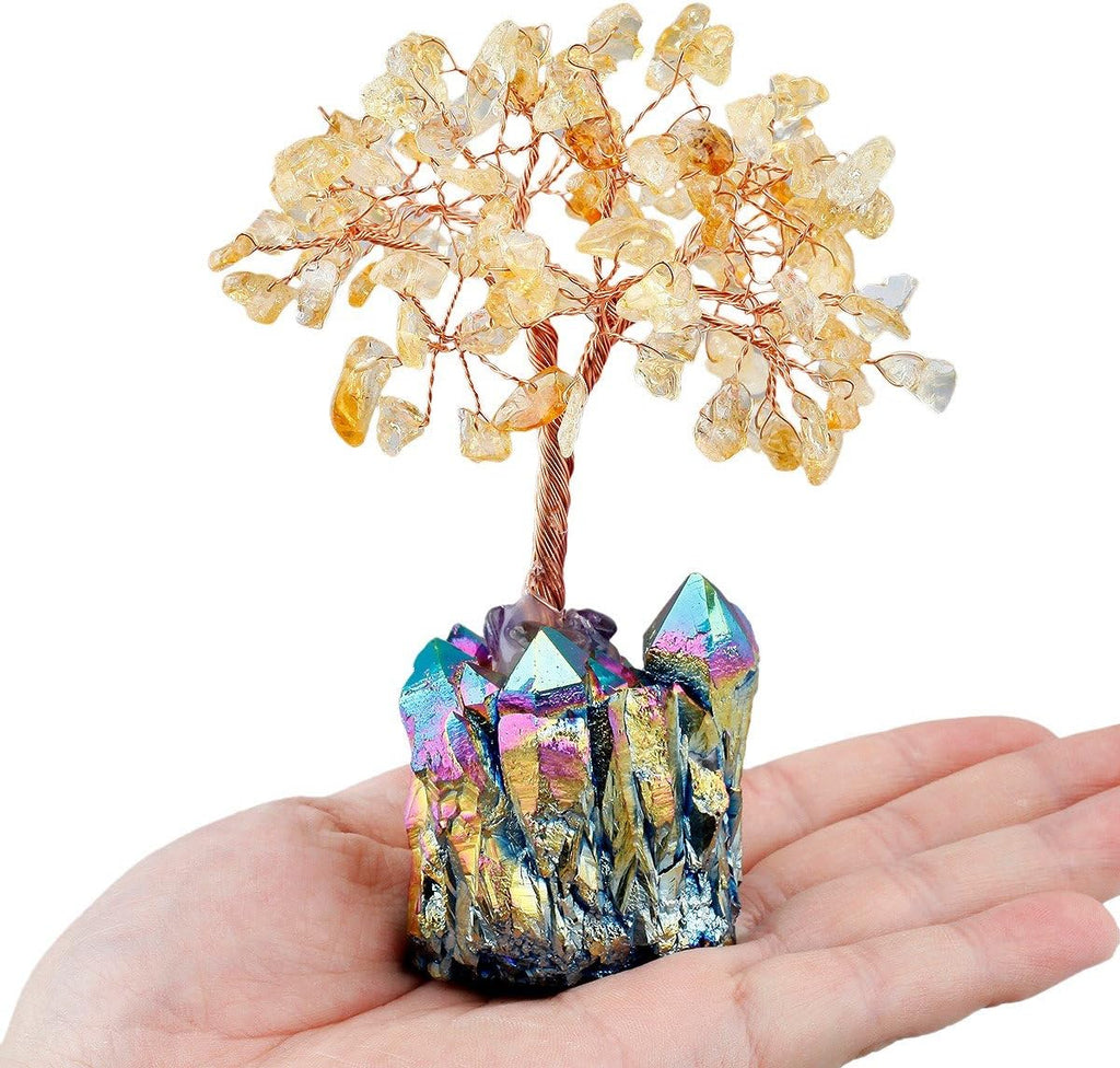 mookaitedecor Citrine Crystal Tree, Quartz Cluster Rainbow Titanium Crystals Base Bonsai Money Tree for Wealth and Luck