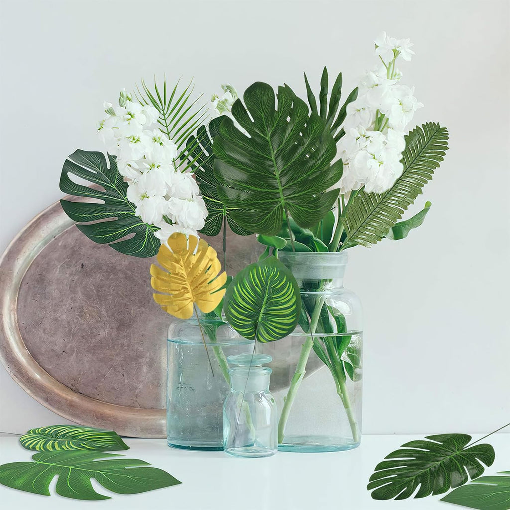 81 Pieces 10Kinds Artificial Tropical Leaf Jungle Leaves Plant Safari Leaves Decorations Fake Palm Golden Leaf with Stems for Hawaiian Luau Party Table Beach Birthday Wedding Theme Party Decorations