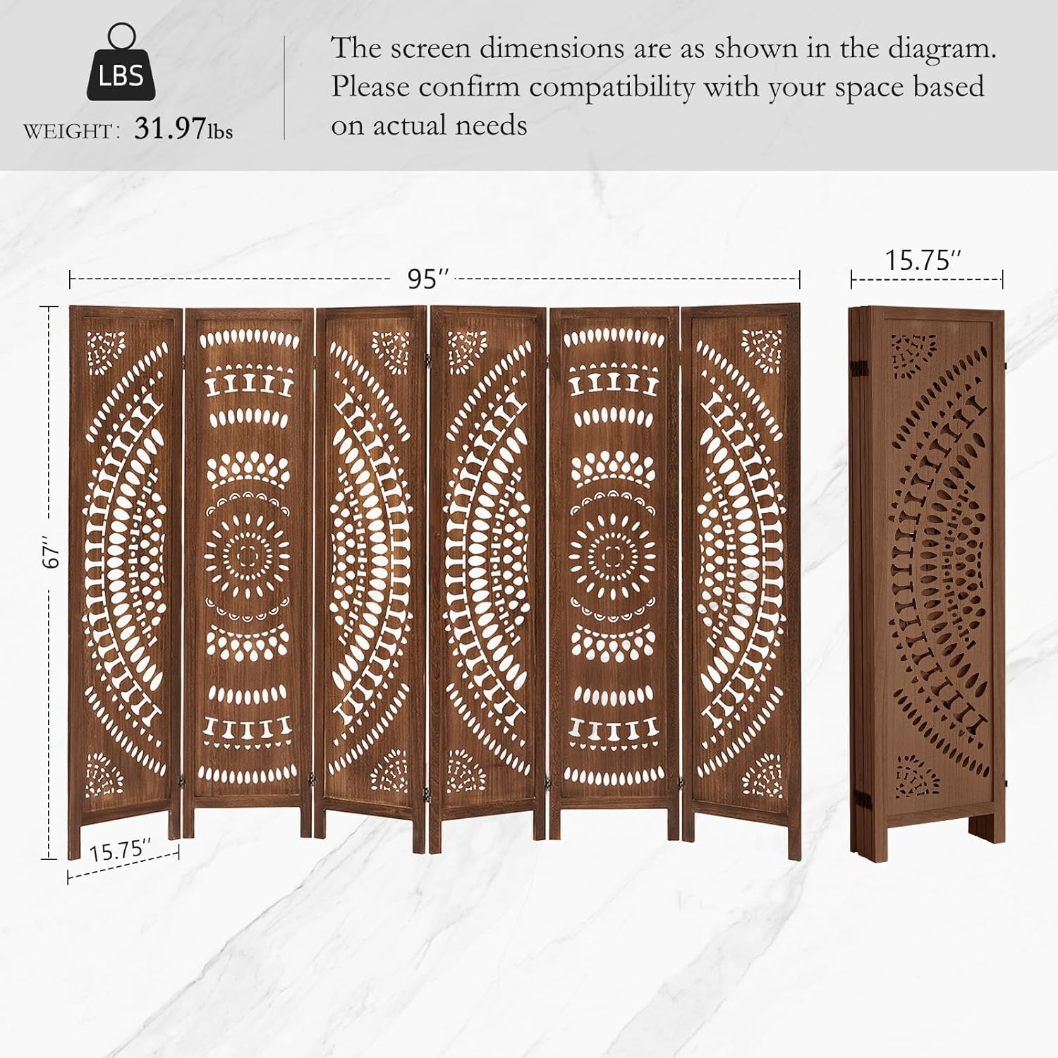 6 Panel Wood Room Divider Fully Assembled, Decorative Room Dividers and Folding Screens, 5.6Ft Room Divider Screen Freestanding Partition Wall Dividers for Home Bedroom Office, Dark Brown