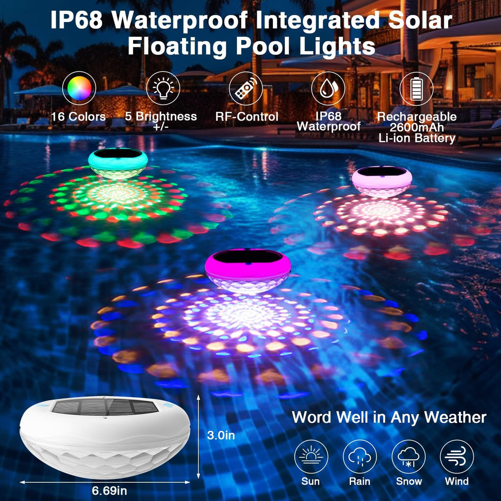 2-in-1 Solar Powered USB Rechargeable Floating Pool Lights, 6.69 Inch IP68 Waterproof 2600mAh Pool Lights 6 Dynamic Modes with Remote Upper and Lower Glow Hangable for Backyard Pond 4 PCS
