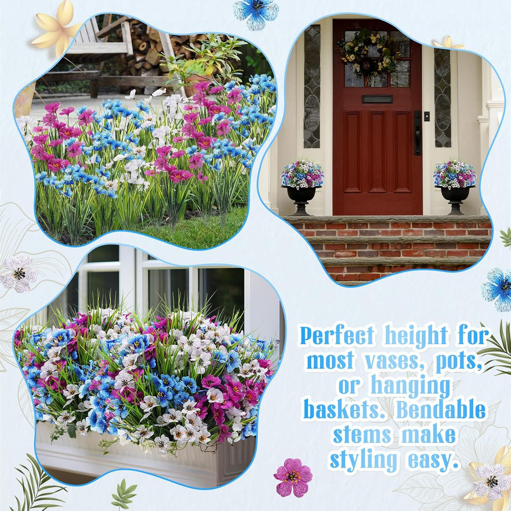 Lyrow 100 Bundles Violet Artificial Flowers, UV Resistant Faux Silk Flowers Outdoor, Fake Violet Bulk for Front Porch Hanging Garden Courtyard Farmhouse Home (Dark Purple, Dark Blue, White with Grass)