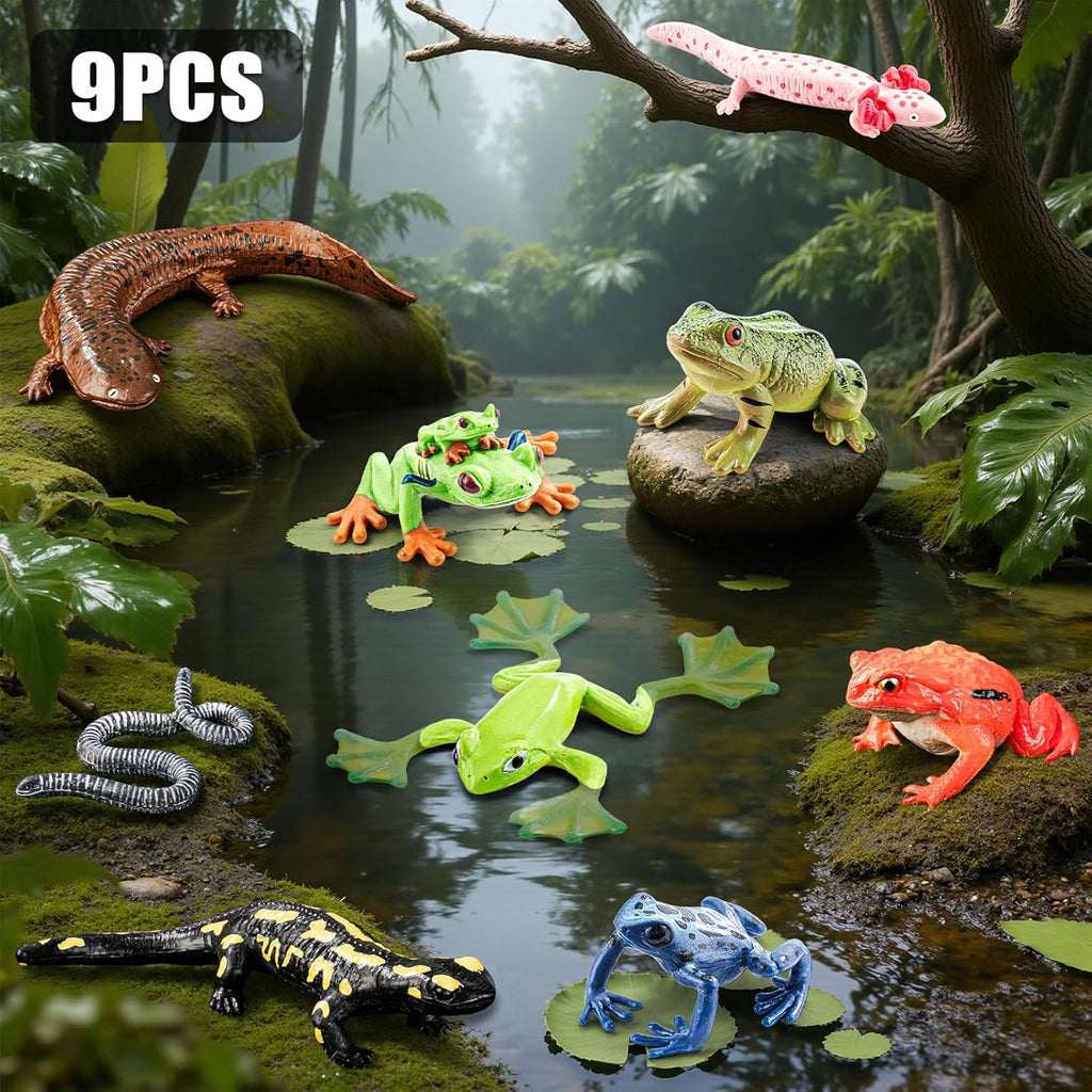 9PCS Amphibian Animals Figurines Toys for Kids with Rainforest Reptile Animals Figurines Include Salamanders, Ichthyophis, Frog Figures, Cake Toppers Party Favors for Toddler