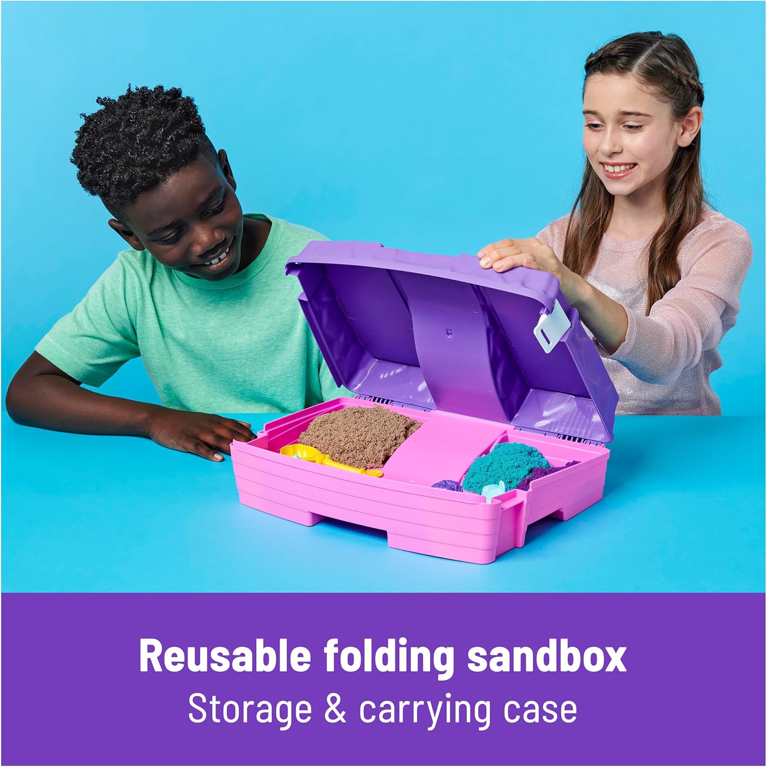 Kinetic Sand, Mermaid Palace Playset Folding Sandbox with 2.06lbs Play Sand (Neon Purple, Shimmer Teal & Beach), Tools, Sensory Toys, Stocking Stuffers for Kids Ages 3 and up