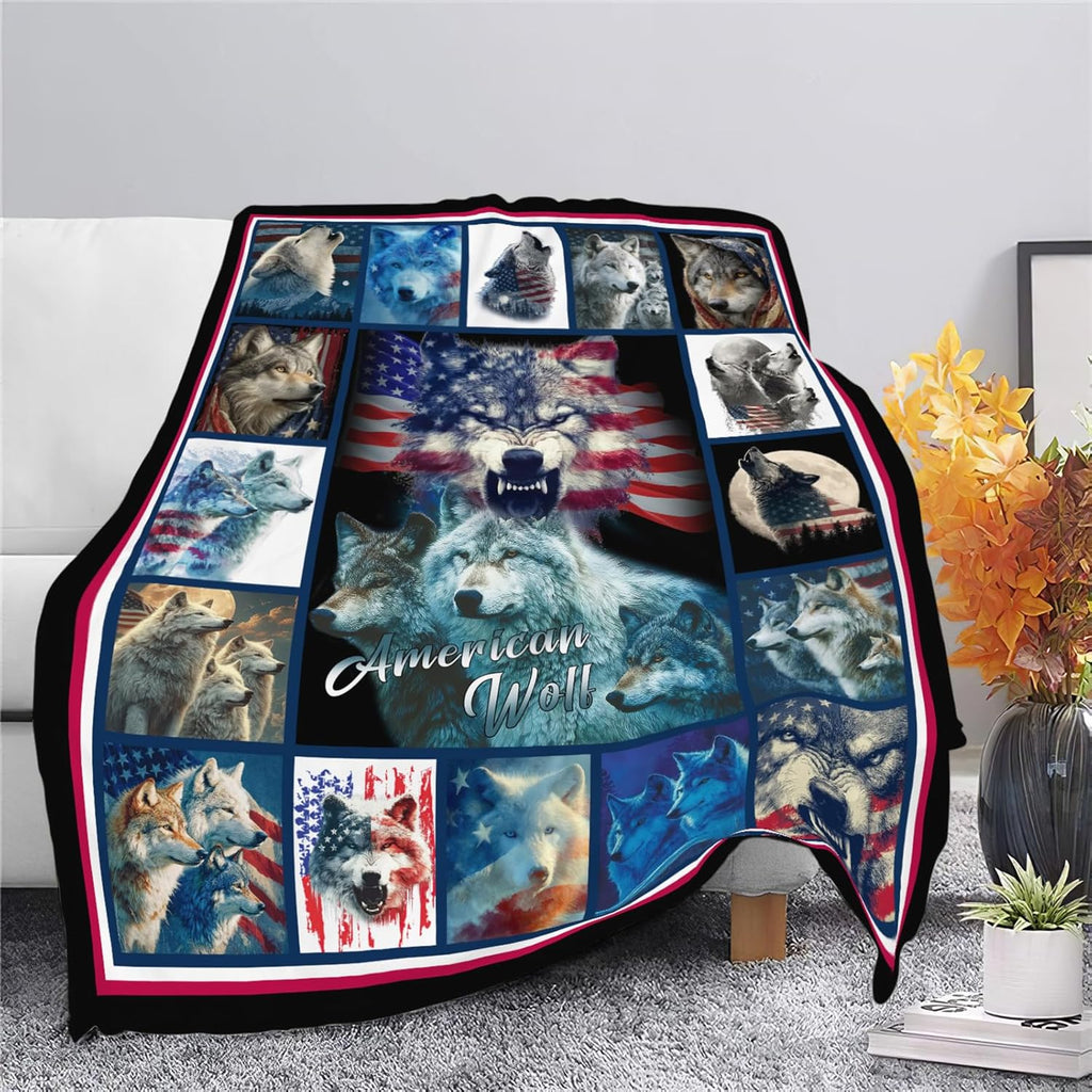 Wolf Throw Blanket American Flag Wolf Stuff Gifts for Kids Girls Boys Adults Women Men Soft Cozy Warm Plush Fluffy Fuzzy Fleece Blanket Decor 60''X80''