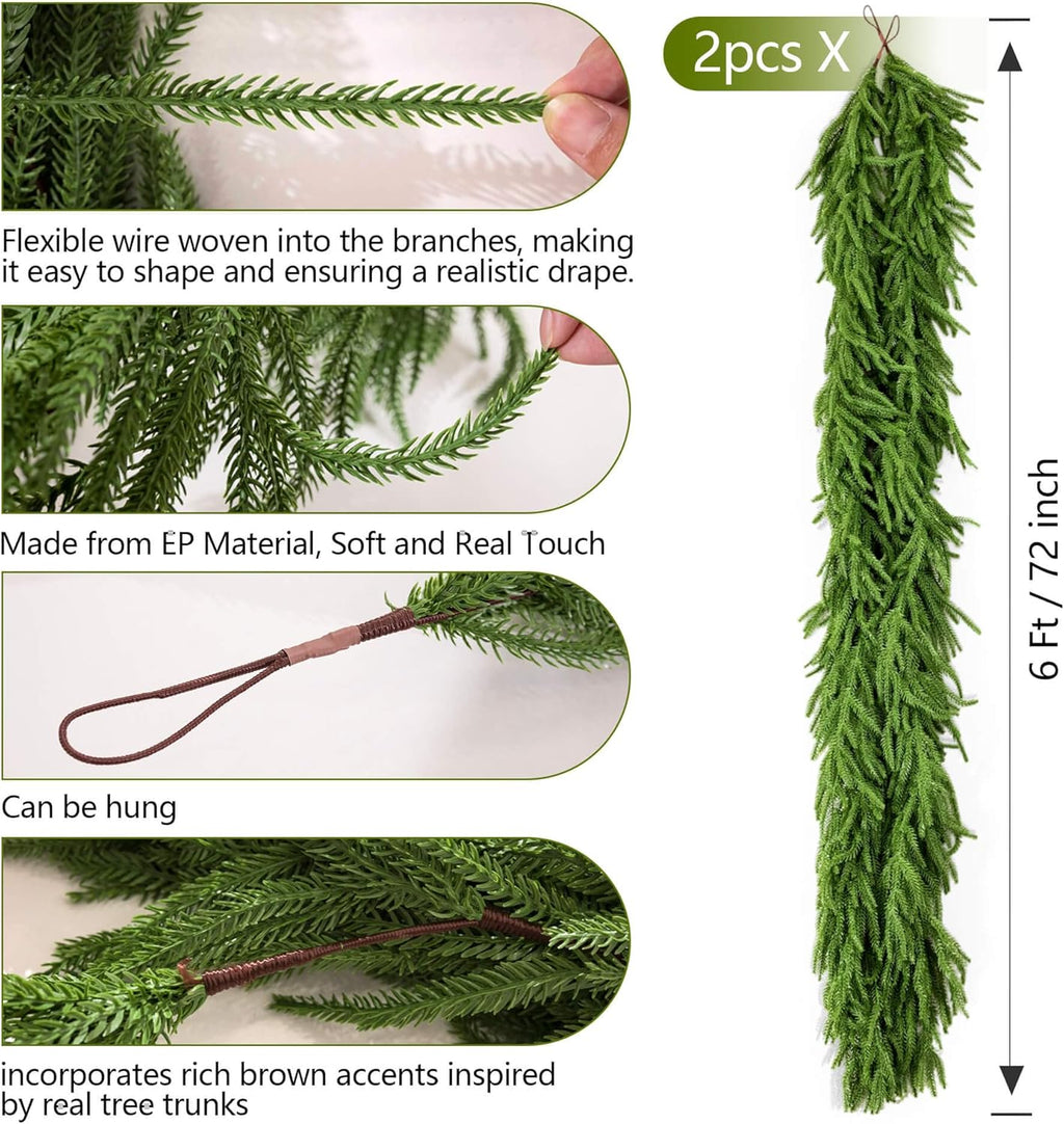 Christmas Garland 2Pcs 6ft Winter Artificial Norfolk Pine Garlands Real Touch Faux Greenery Garland for Table, Mantle, Wall, Indoor, Outdoor Christmas Decorations