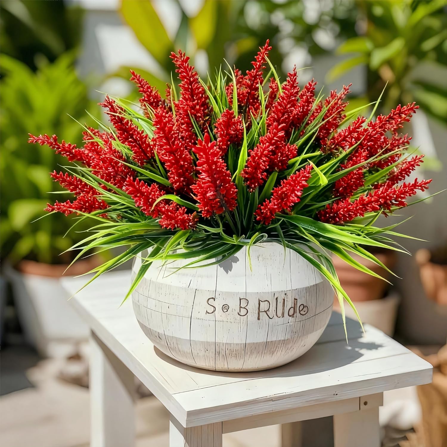 Geegoods Artificial Red Lavender Flowers for Outdoors – 24 Bundles UV Resistant Fake Flowers with Monkey Grass, Realistic Artificial Plants Outdoor for Garden, Patio, Porch, Window Box & Home Décor