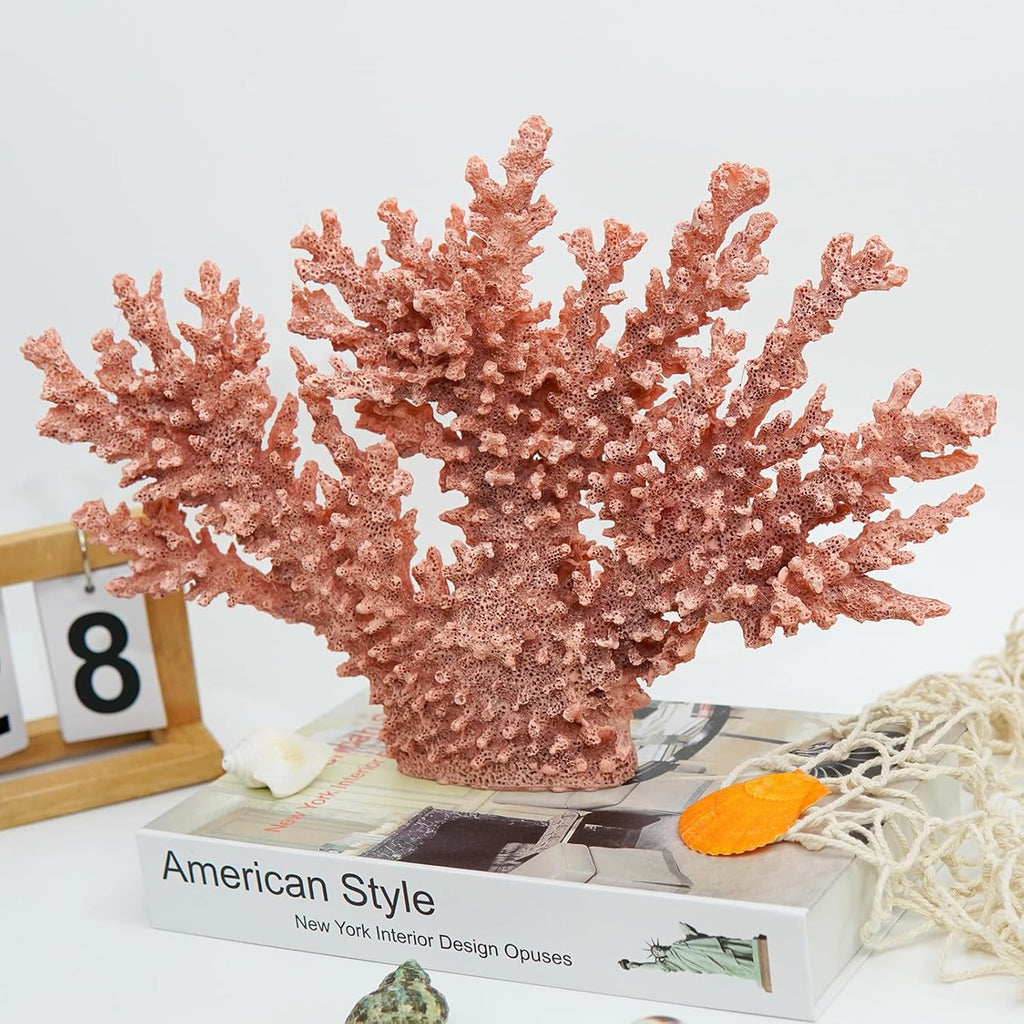 Coral Coastal Decor, Artificial Resin Coral Reef Statue, Coastal Room Decor Beach Decorations for Home Bathroom Bedroom,Ocean Themed Decor for Office,Aquarium,13.5''Lx10''H, 1008P, Pink;