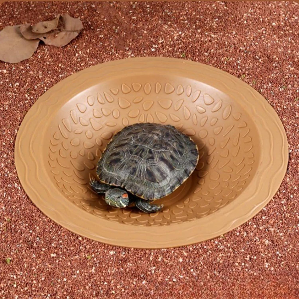 Flushbay Round Reptile Bathing Pool Reptile Feeding Dish Water Bowl with Ramp Aquarium Ornament for Gecko, Snake, Turtle, Bearded Dragon, Lizard Bath (Brown-red)