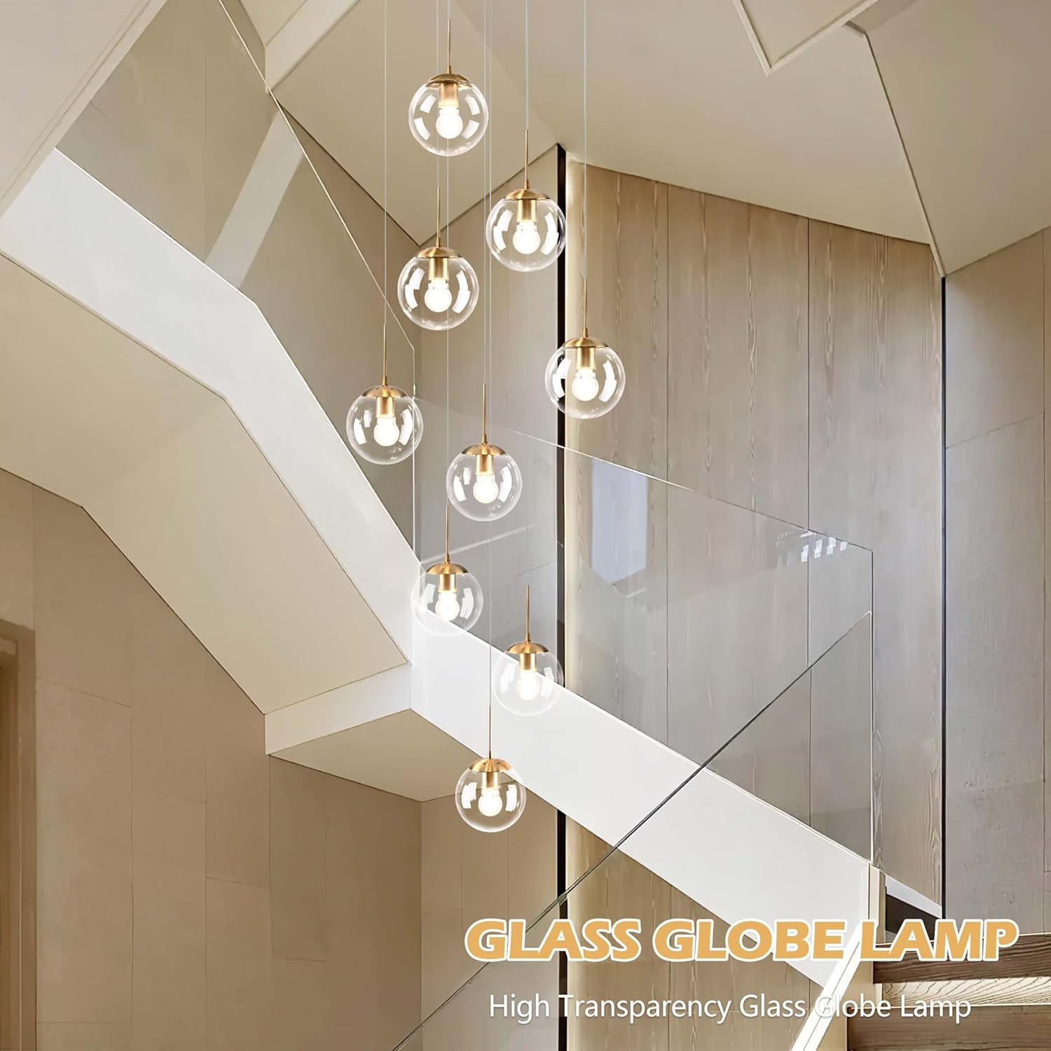 KoKo&Yukina 9-Light Globe Glass Pendant Light Adjustable Length Pendant Lights Fixtures Modern Gold Clear Globe Glass Chandelier High Ceiling Lights Fixtures for Foyer Staircase (Bulb & Remote Incl)