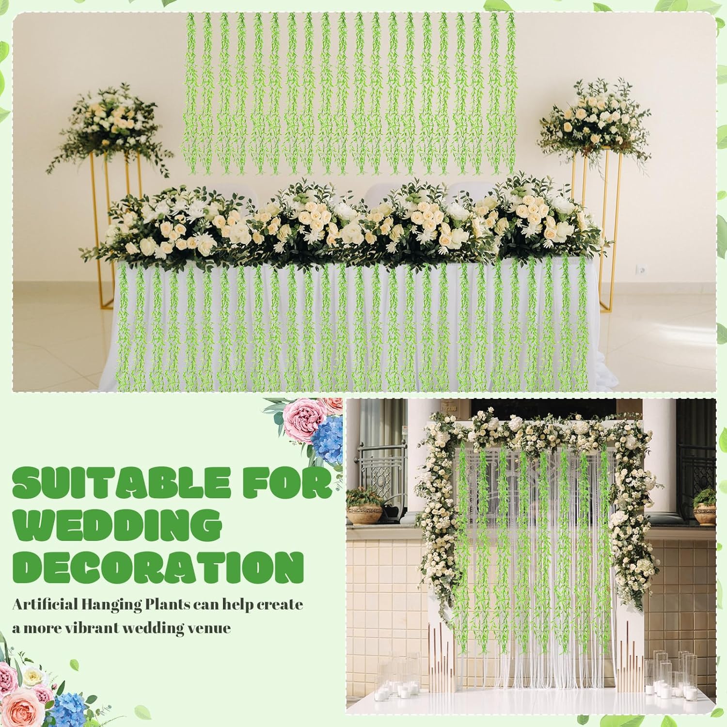 Riceshoot 24 Pcs Artificial Hanging Vines Fake Weeping Willow Leaves Decor Fake Seaweed Artificial Vines Greenery Garland for Wedding Party Backdrop Wall Decor Garden Patio Backyard (Fruit Green)