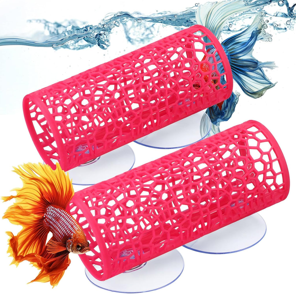 Honeydak 2 Pcs Betta Fish Tank Accessories Betta Tunnel Fish Toys Safe Hollow Hammock Cave Aquarium Decor with Suction Cups for Small Shrimp Reptile Guppies(Pink,Hideout Tube)
