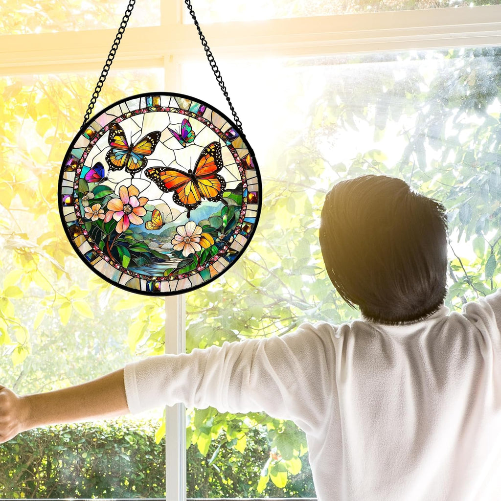 Stained Glass Window Hanging, Butterflies Flying in The Sky Suncatcher for Doors Home Sun Catchers Decoration and Christmas, Mother's Day Birthday Gifts for Women, Men, and Mom 9.8 in