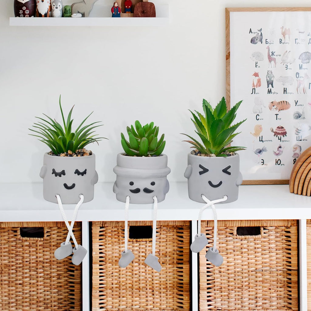 Small Fake Plants Faux Succulents in Grey Pots with Hanging Leg Potted Mini Fake Plants for Office Desk Decor Cute Artificial Succulent Plants for Home Office Desk Decor and Gift Choice - Set of 3