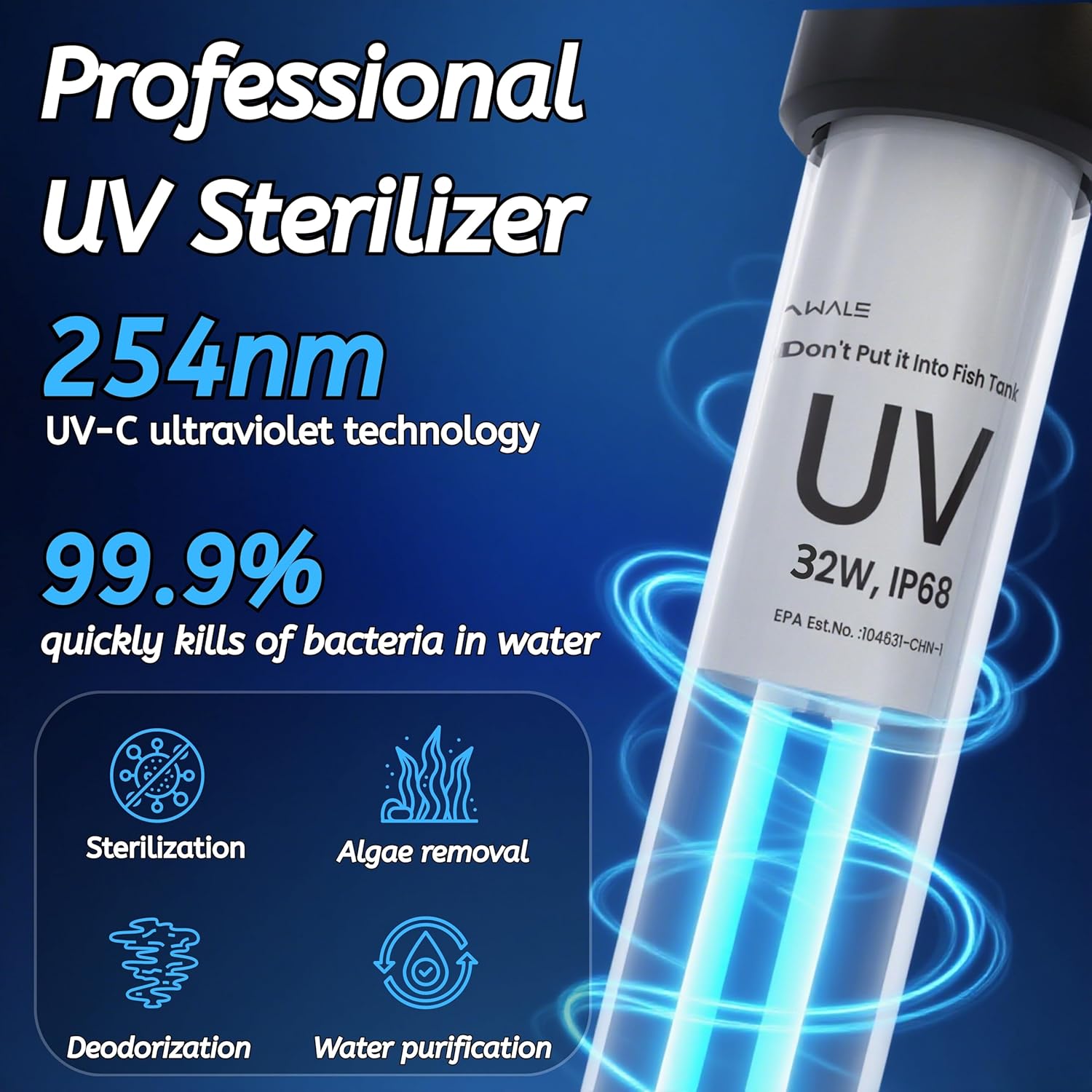 Pond UV Light for Fish Tank UV Pond Water Clarifier for 100-2000 Gallon UV Pond Filter for Koi Pond Swimming Pool,Spa,Large Fish Tank UV Light Aquarium for Outdoor Pond Algae Control（32W）
