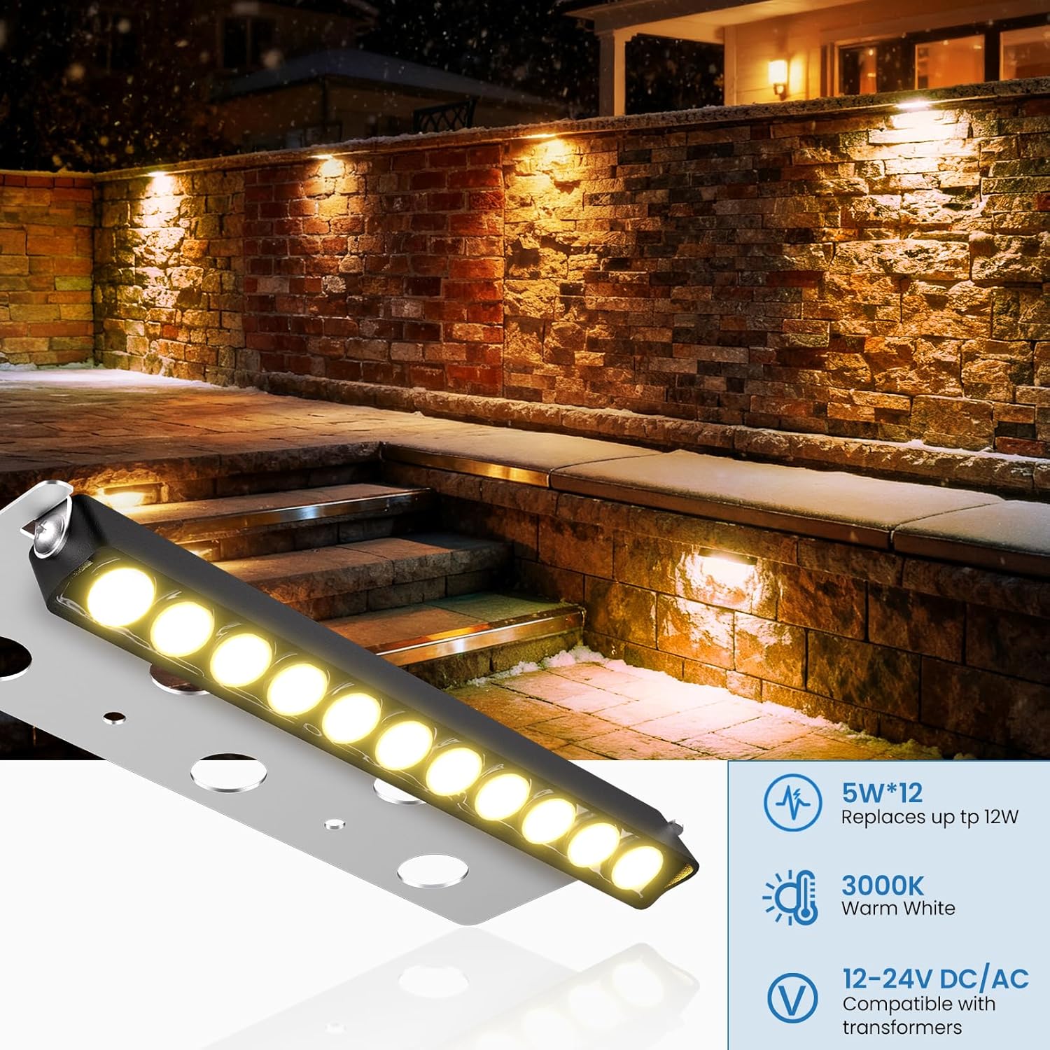 ZZXX 12W Retaining Wall Lights LED Hardscape Lighting Low Voltage Step Lights Warm White Waterproof Outdoor LED Landscape Lighting for Front Door Yard Garage Deck Step with Photocell Sensor 7.8 Inch