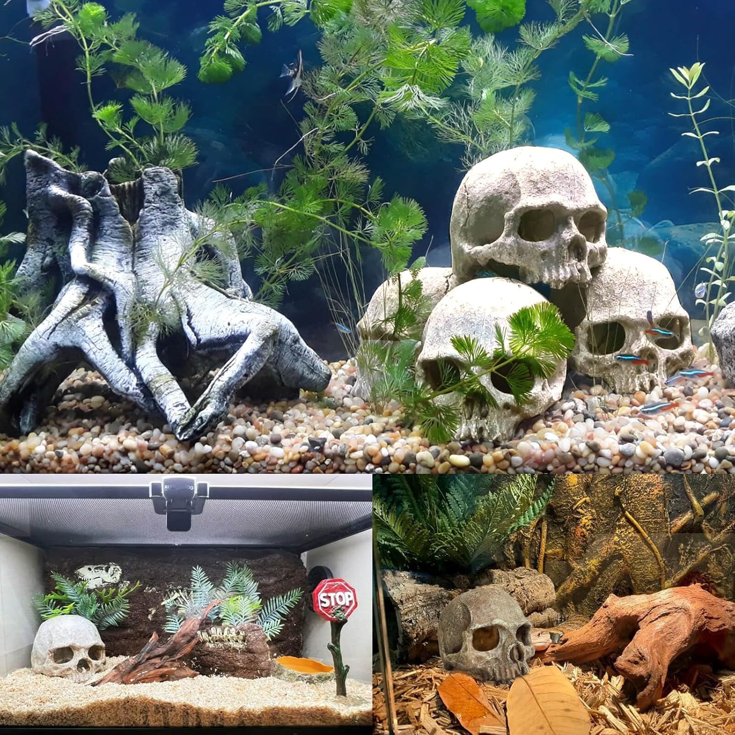 Aquarium Decoration for Fish Tank Skull Head Skeleton Aquarium Ornament Decorative Cave Landscape Aquarium Decor Reptile House Cave Fish Tank Decoration - Small