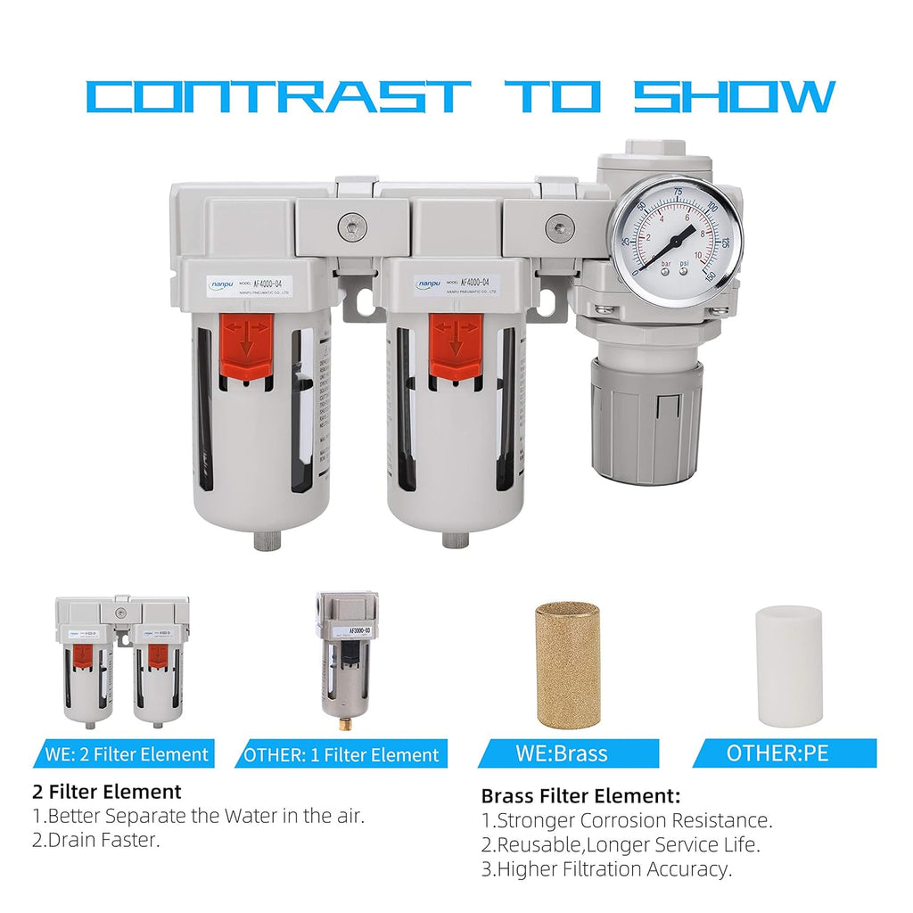 NANPU DFR-04 1/2" NPT Air Drying System - Double Air Filters, Air Pressure Regulator Combo - Semi-Auto Drain, Poly Bowl