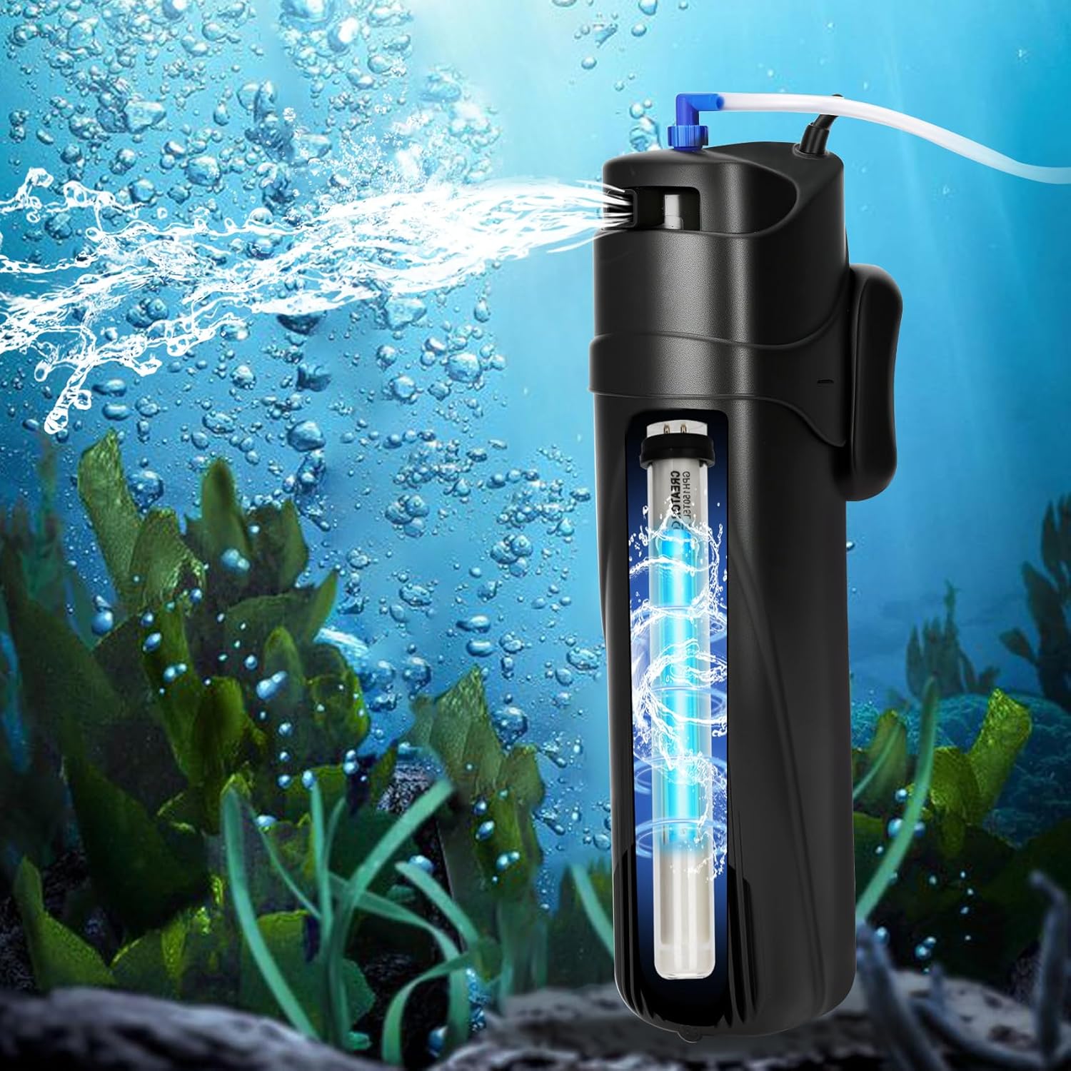 Aquarium Filter U-V for 40-150 Gallon, 400GPH Fish Filter with 9W U-V Double Light Green Water and Algae Submersible Powerful Clean Pump for Turtle Tank Freshwater Crystal Green Killing