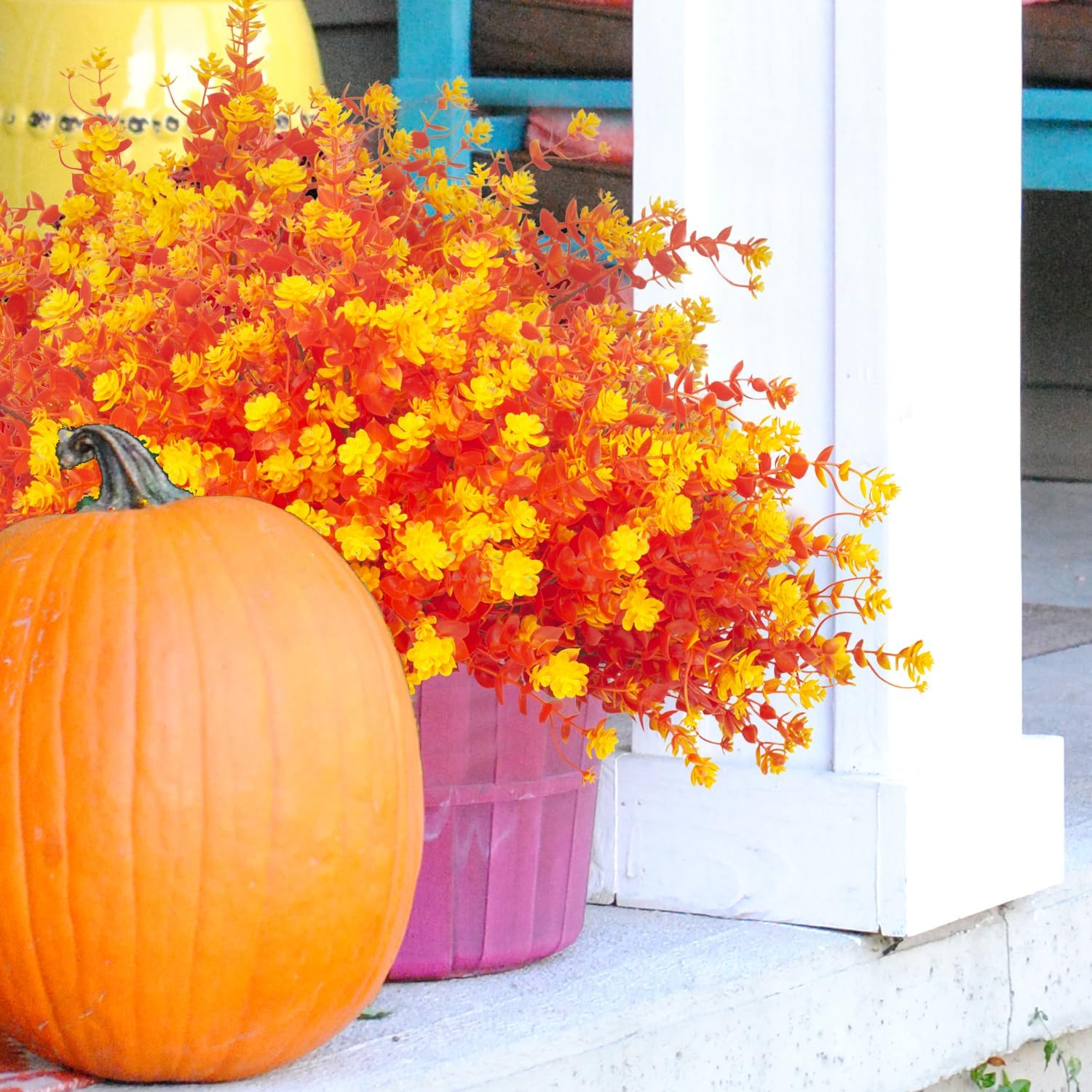 12 Bundles Artificial Fall Flowers for Outdoors, Artificial Plants UV Resistant Fall Fake Mums Plants for Outside Halloween Christmas Porch Decoration ecorations (Fall Orange)
