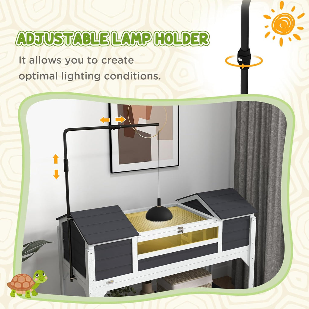 PawHut Tortoise Habitat with Adjustable Lamp Holder, Wooden Tortoise Enclosure with Storage Shelf, Dual Main Houses, Attached Tray, Openable Lid, Gray