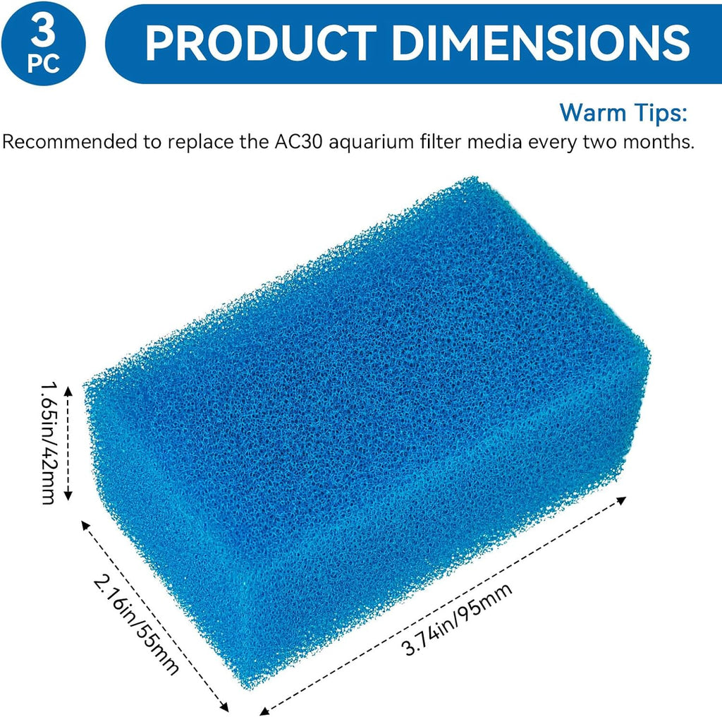 Bio-Foam for AC30 Power Filter - Replacement Aquarium Sponge Filter Media Foam Construction for Use in Freshwater & Saltwater Aquariums, 30PPI Sponge Pads (3 PCS)